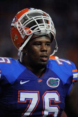 GAINESVILLE, FL - SEPTEMBER 25:  Offensive lineman Marcus Gilbert #76 of the Florida Gators takes a breather during a stoppage in play against the Kentucky Wildcats at Ben Hill Griffin Stadium on September 25, 2010 in Gainesville, Florida. Florida defeate
