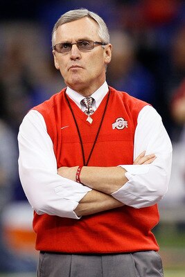 NEW ORLEANS, LA - JANUARY 04:  Head coach Jim Tressel of the Ohio State Buckeyes looks on before the Allstate Sugar Bowl against the Arkansas Razorbacks at the Louisiana Superdome on January 4, 2011 in New Orleans, Louisiana.  (Photo by Kevin C. Cox/Getty