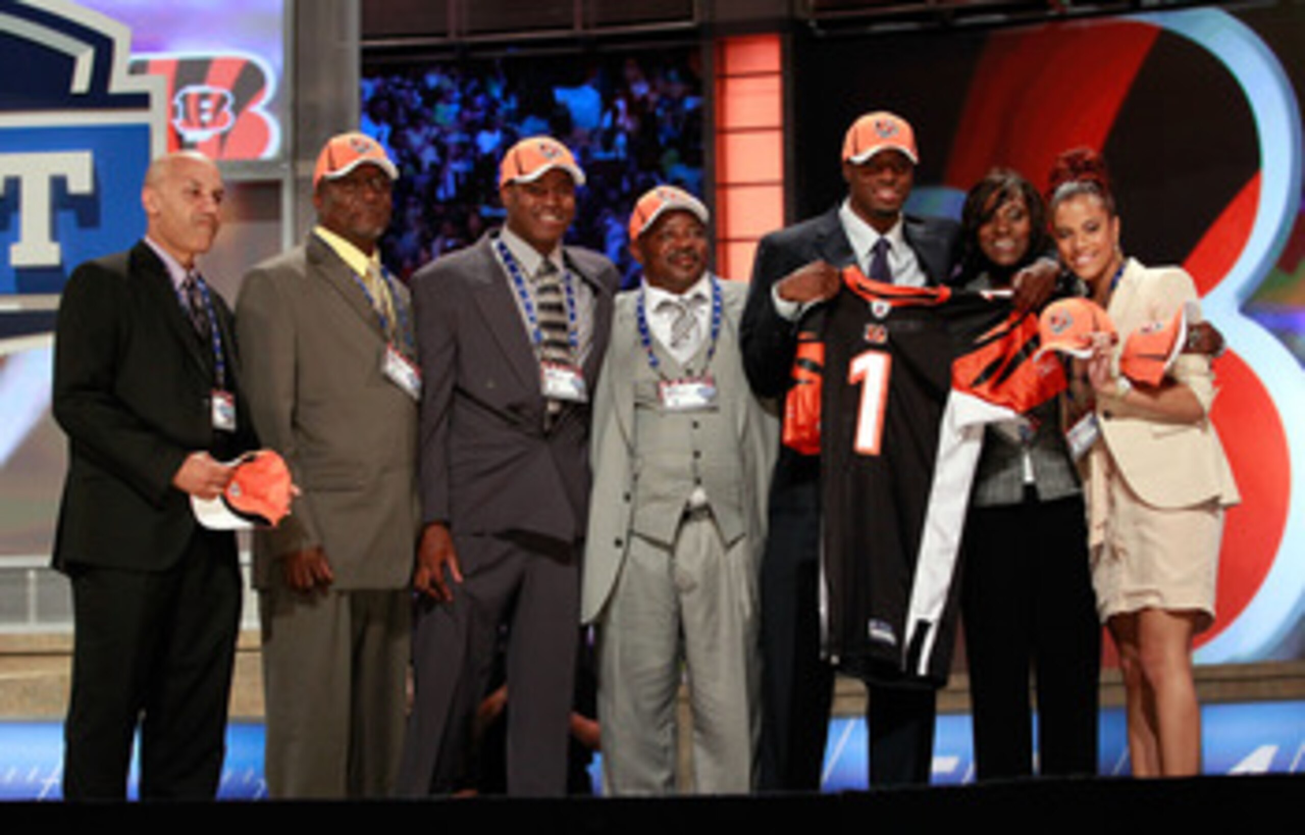 NEW YORK, NY - APRIL 28:  A.J. Green, #4 overall pick by the Cincinnati Bengals, poses for a photo on stage with family members during the 2011 NFL Draft at Radio City Music Hall on April 28, 2011 in New York City.  (Photo by Chris Trotman/Getty Images)