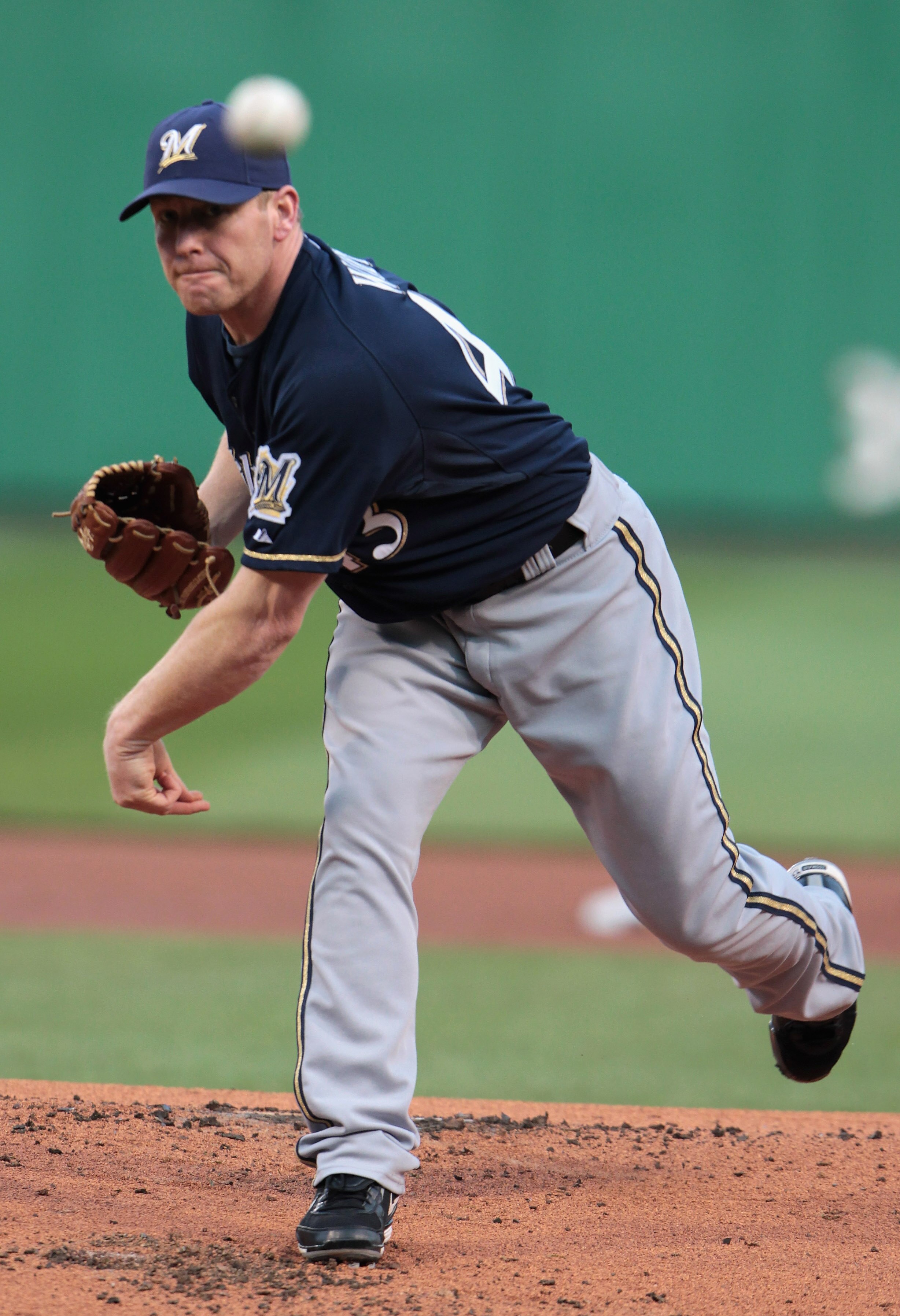 PITTSBURGH, PA - APRIL 14:  Randy Wolf #43 of the Milwaukee Brewers throws a pitch prior to the start of their game against the Pittsburgh Pirates at PNC Park on April 14, 2011 in Pittsburgh, Pennsylvania.  (Photo by Scott Halleran/Getty Images)
