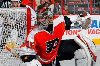 PHILADELPHIA, PA - APRIL 16:  Goalie Sergei Bobrovsky #35 of the Philadelphia Flyers watches the play in Game Two of the Eastern Conference Quarterfinals against the Buffalo Sabres during the 2011 NHL Stanley Cup Playoffs at Wells Fargo Center on April 16