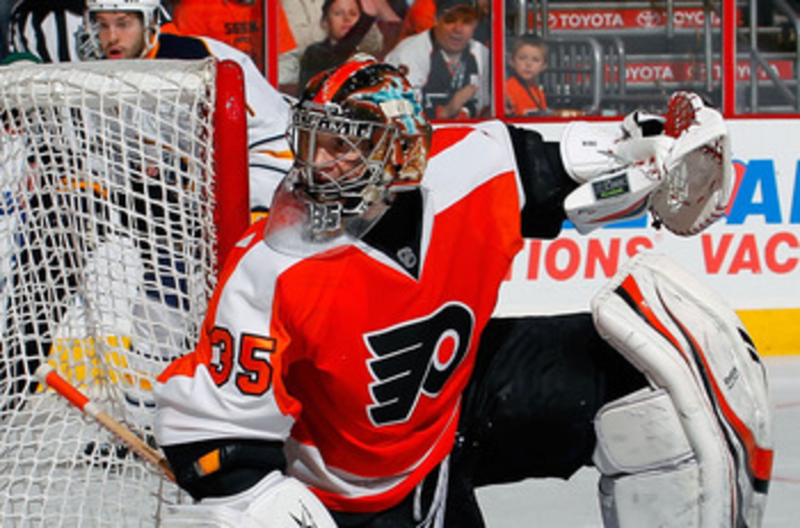 PHILADELPHIA, PA - APRIL 16:  Goalie Sergei Bobrovsky #35 of the Philadelphia Flyers watches the play in Game Two of the Eastern Conference Quarterfinals against the Buffalo Sabres during the 2011 NHL Stanley Cup Playoffs at Wells Fargo Center on April 16