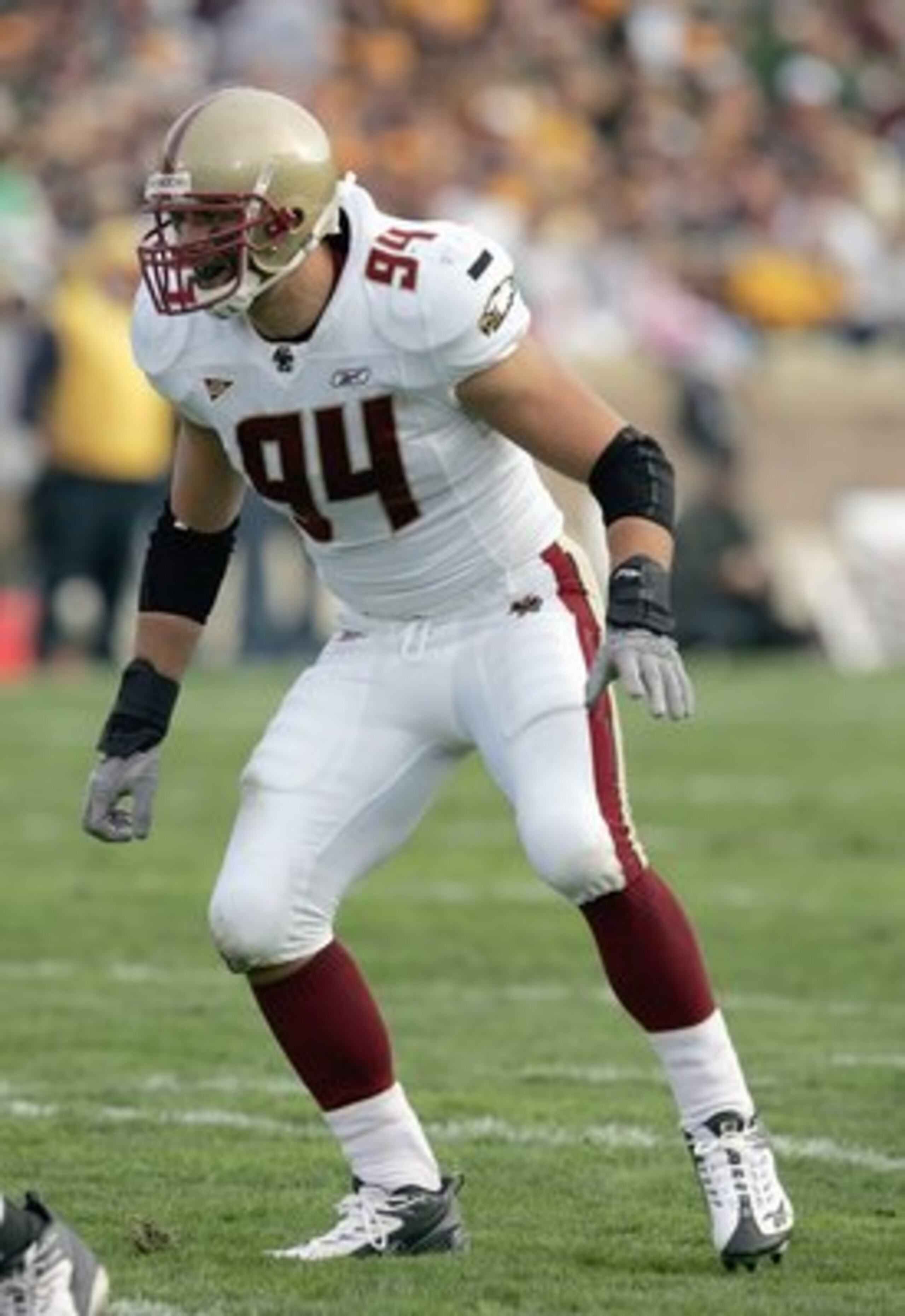 SOUTH BEND, IN - OCTOBER 13: Mark Herzlich #94 of the Boston College Eagles moves on the field during the game against the Notre Dame Fighting Irish on October 13, 2007 at Notre Dame Stadium in South Bend, Indiana. Boston College defeated Notre Dame 27-14 SOUTH BEND, IN - OCTOBER 13: Mark Herzlich #94 of the Boston College Eagles moves on the field during the game against the Notre Dame Fighting Irish on October 13, 2007 at Notre Dame Stadium in South Bend, Indiana. Boston College defeated Notre Dame 27-14