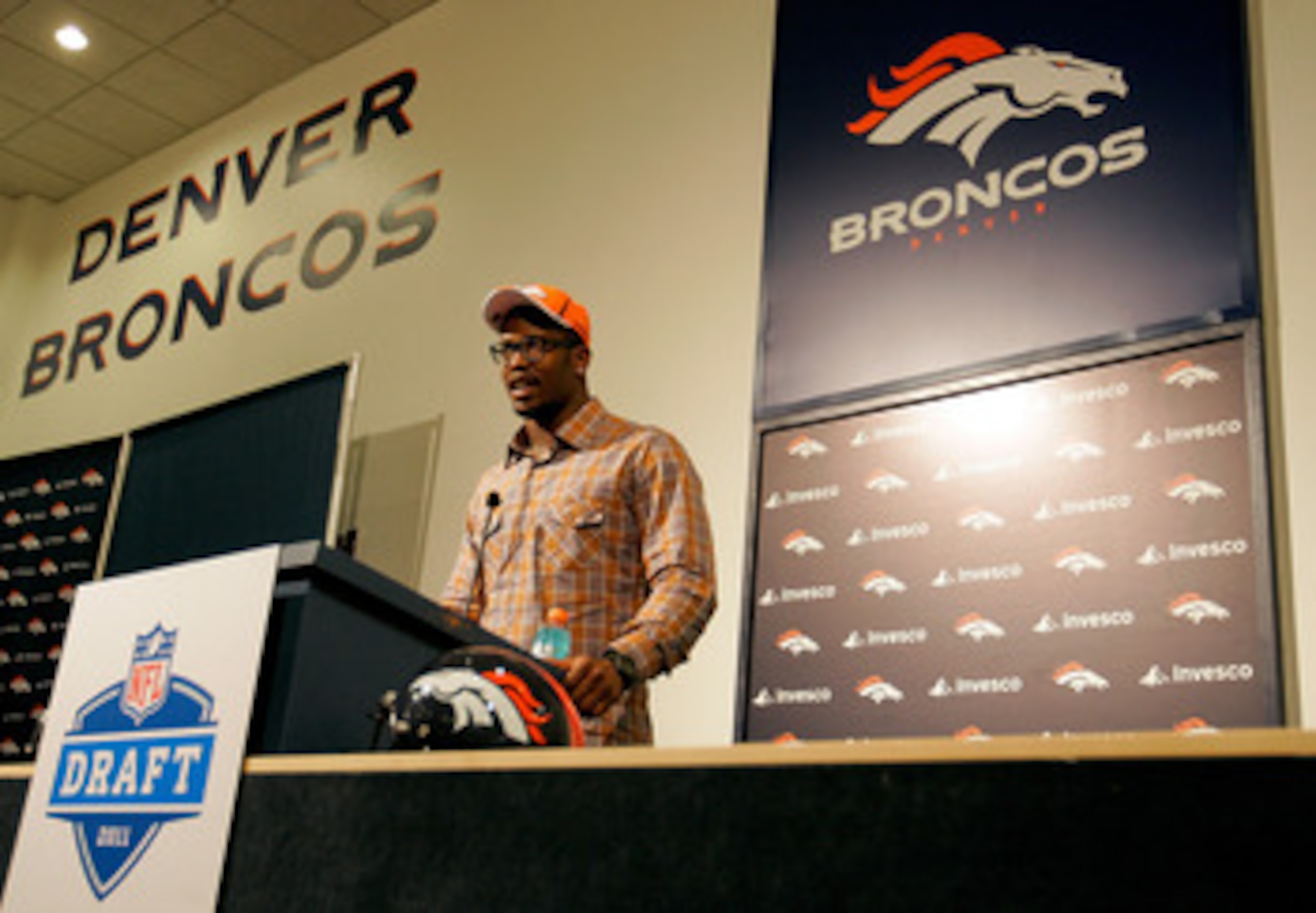 ENGLEWOOD, CO - APRIL 29:  Von Miller of the Denver Broncos speaks to the media at Dove Valley on April 29, 2011 in Englewood, Colorado. Miller, a projected outside linebacker in head coach John Fox's new 4-3 scheme, was selected second overall from Texas