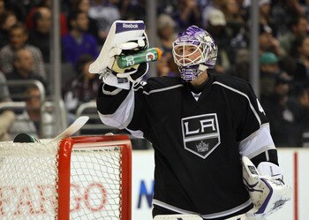 LOS ANGELES, CA - MARCH 03:  Goaltender Jonathan Bernier #45 of the Los Angeles Kings looks on during a break in NHL game action against the Phoenix Coyotes at Staples Center on March 3, 2011 in Los Angeles, California. The Kings defeated the Coyotes 1-0.