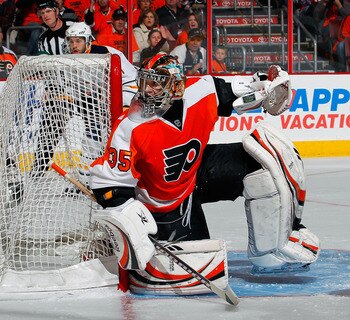 PHILADELPHIA, PA - APRIL 16:  Goalie Sergei Bobrovsky #35 of the Philadelphia Flyers watches the play in Game Two of the Eastern Conference Quarterfinals against the Buffalo Sabres during the 2011 NHL Stanley Cup Playoffs at Wells Fargo Center on April 16