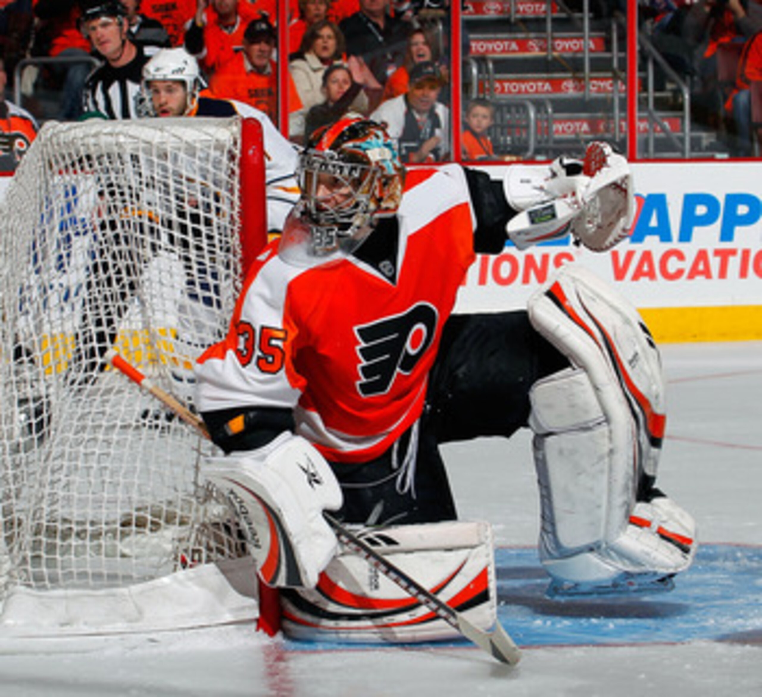 PHILADELPHIA, PA - APRIL 16:  Goalie Sergei Bobrovsky #35 of the Philadelphia Flyers watches the play in Game Two of the Eastern Conference Quarterfinals against the Buffalo Sabres during the 2011 NHL Stanley Cup Playoffs at Wells Fargo Center on April 16
