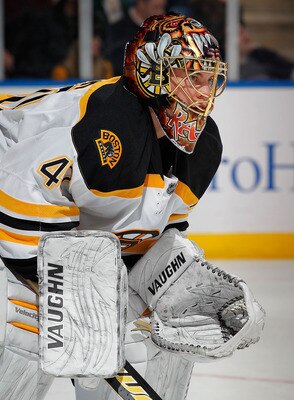 UNIONDALE, NY - FEBRUARY 17:  Goalie Tuukka Rask #40 of the Boston Bruins watches during a faceoff timeout in an NHL hockey game against the New York Islanders at the Nassau Coliseum on February 17, 2011 in Uniondale, New York.  (Photo by Paul Bereswill/G