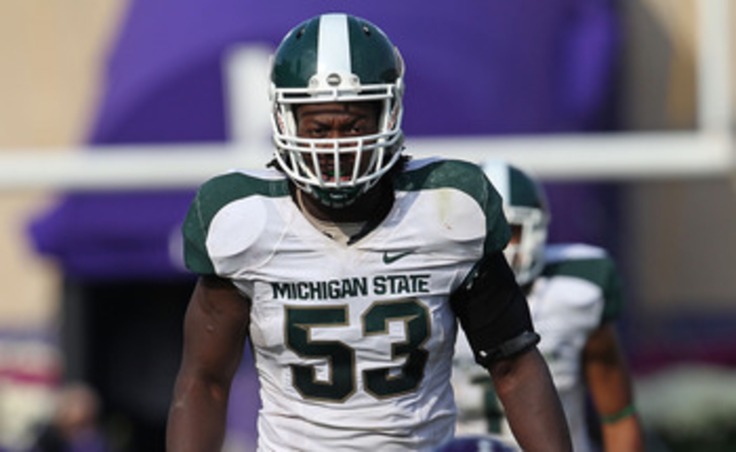 EVANSTON, IL - OCTOBER 23: Greg Jones #53 of the Michigan State Spartans awaits the start of play against the Northwestern Wildcats at Ryan Field on October 23, 2010 in Evanston, Illinois. Michigan State defeated Northwestern 35-27. (Photo by Jonathan Dan EVANSTON, IL - OCTOBER 23: Greg Jones #53 of the Michigan State Spartans awaits the start of play against the Northwestern Wildcats at Ryan Field on October 23, 2010 in Evanston, Illinois. Michigan State defeated Northwestern 35-27. (Photo by Jonathan Dan