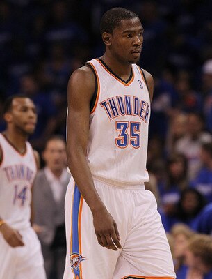 OKLAHOMA CITY, OK - MAY 01:  Forward Kevin Durant #35 of the Oklahoma City Thunder walks off the court during a 114-101 loss against the Memphis Grizzlies in Game One of the Western Conference Semifinals in the 2011 NBA Playoffs on May 1, 2011 at Oklahoma