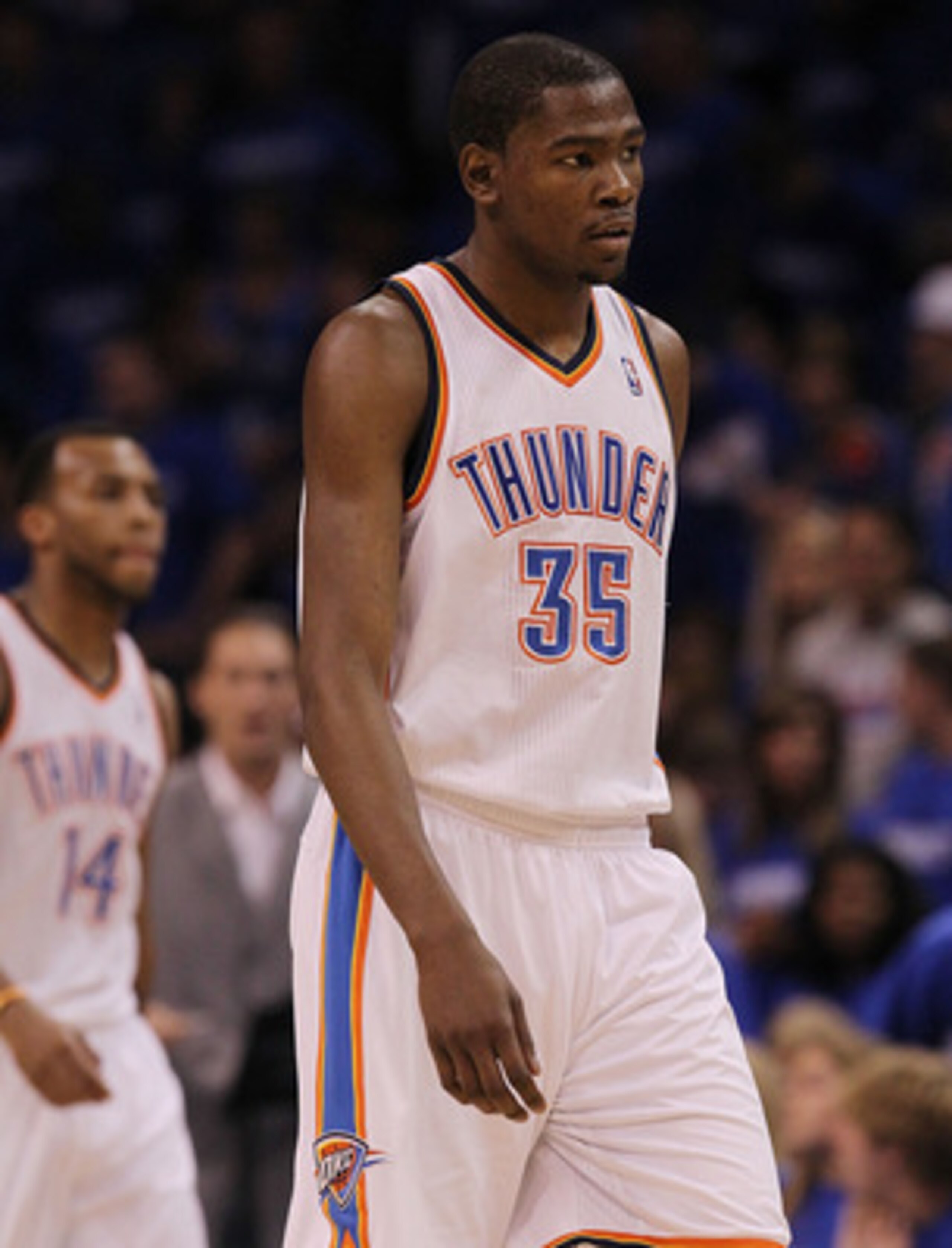 OKLAHOMA CITY, OK - MAY 01:  Forward Kevin Durant #35 of the Oklahoma City Thunder walks off the court during a 114-101 loss against the Memphis Grizzlies in Game One of the Western Conference Semifinals in the 2011 NBA Playoffs on May 1, 2011 at Oklahoma