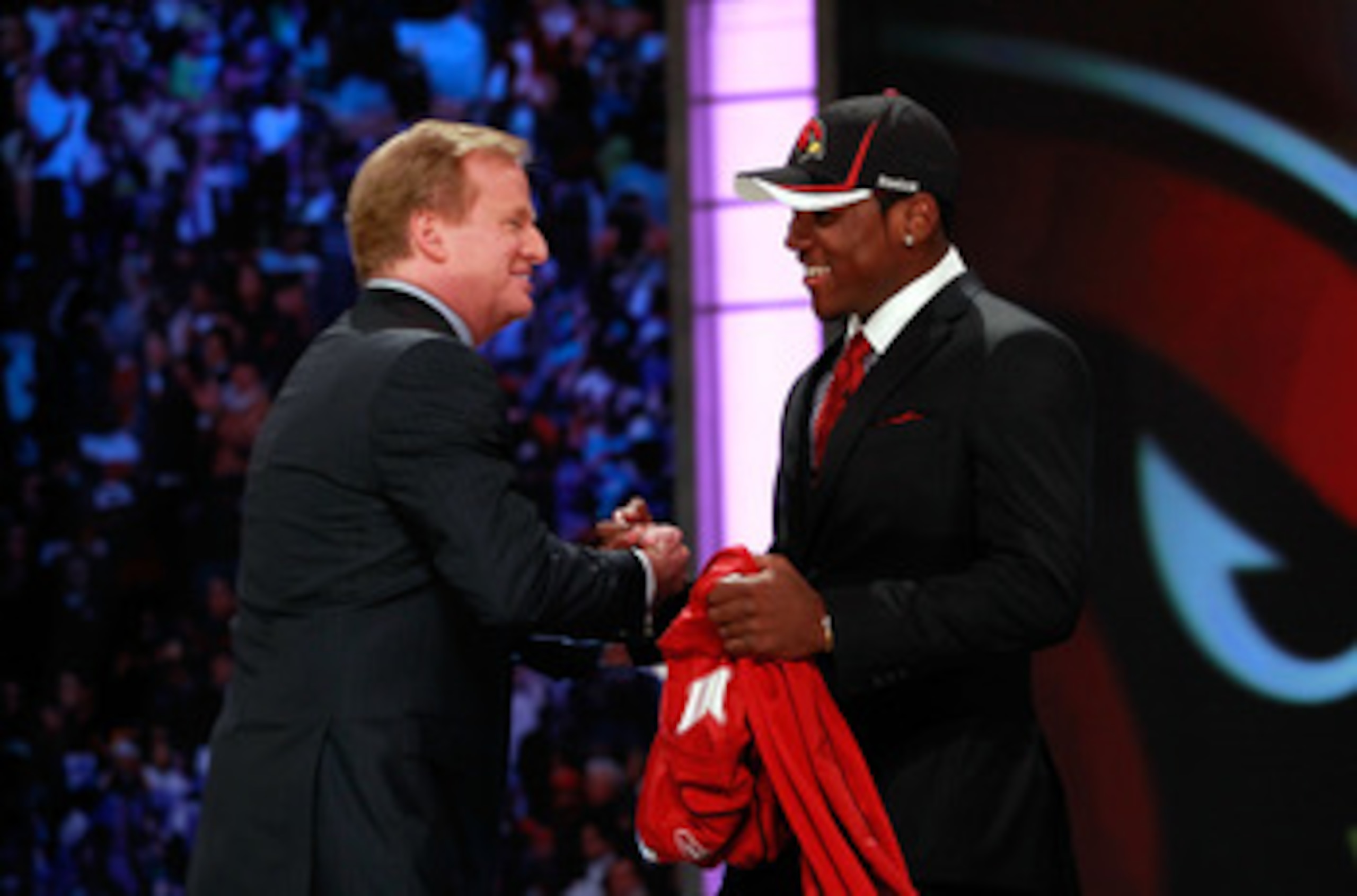NEW YORK, NY - APRIL 28:  NFL Commissioner Roger Goodell (L) greets Patrick Peterson, #5 overall pick by the Arizona Cardinals, during the 2011 NFL Draft at Radio City Music Hall on April 28, 2011 in New York City.  (Photo by Chris Trotman/Getty Images)