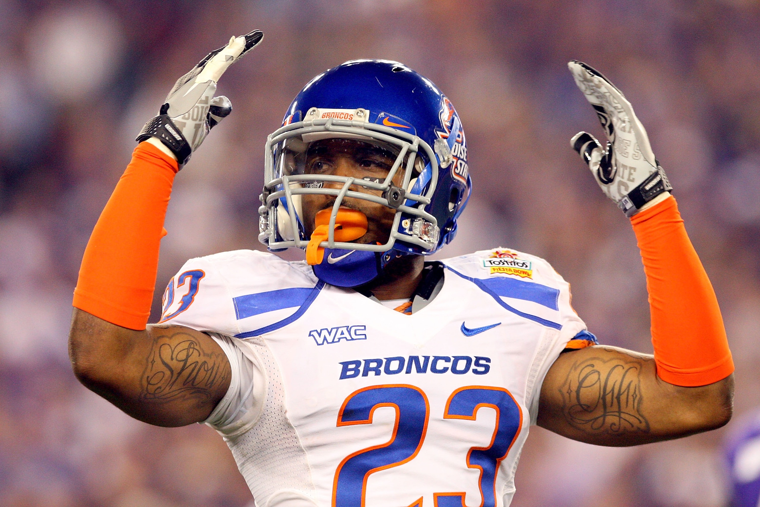 GLENDALE, AZ - JANUARY 04: Jeron Johnson #23 of the Boise State Broncos reacts in the first half against the TCU Horned Frogs during the Tostitos Fiesta Bowl at the Universtity of Phoenix Stadium on January 4, 2010 in Glendale, Arizona. (Photo by Christ GLENDALE, AZ - JANUARY 04: Jeron Johnson #23 of the Boise State Broncos reacts in the first half against the TCU Horned Frogs during the Tostitos Fiesta Bowl at the Universtity of Phoenix Stadium on January 4, 2010 in Glendale, Arizona. (Photo by Christ