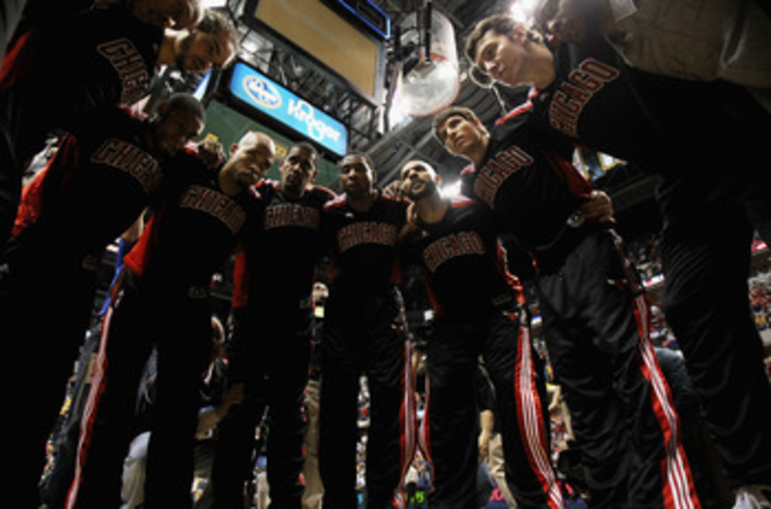INDIANAPOLIS, IN - APRIL 23: The Chicago Bulls huddle before the start of Game Four of the Eastern Conference Quarterfinals in the 2011 NBA Playoffs against the Indiana Pacers at Conseco Fieldhouse on April 23, 2011 in Indianapolis, Indiana. The Pacers de
