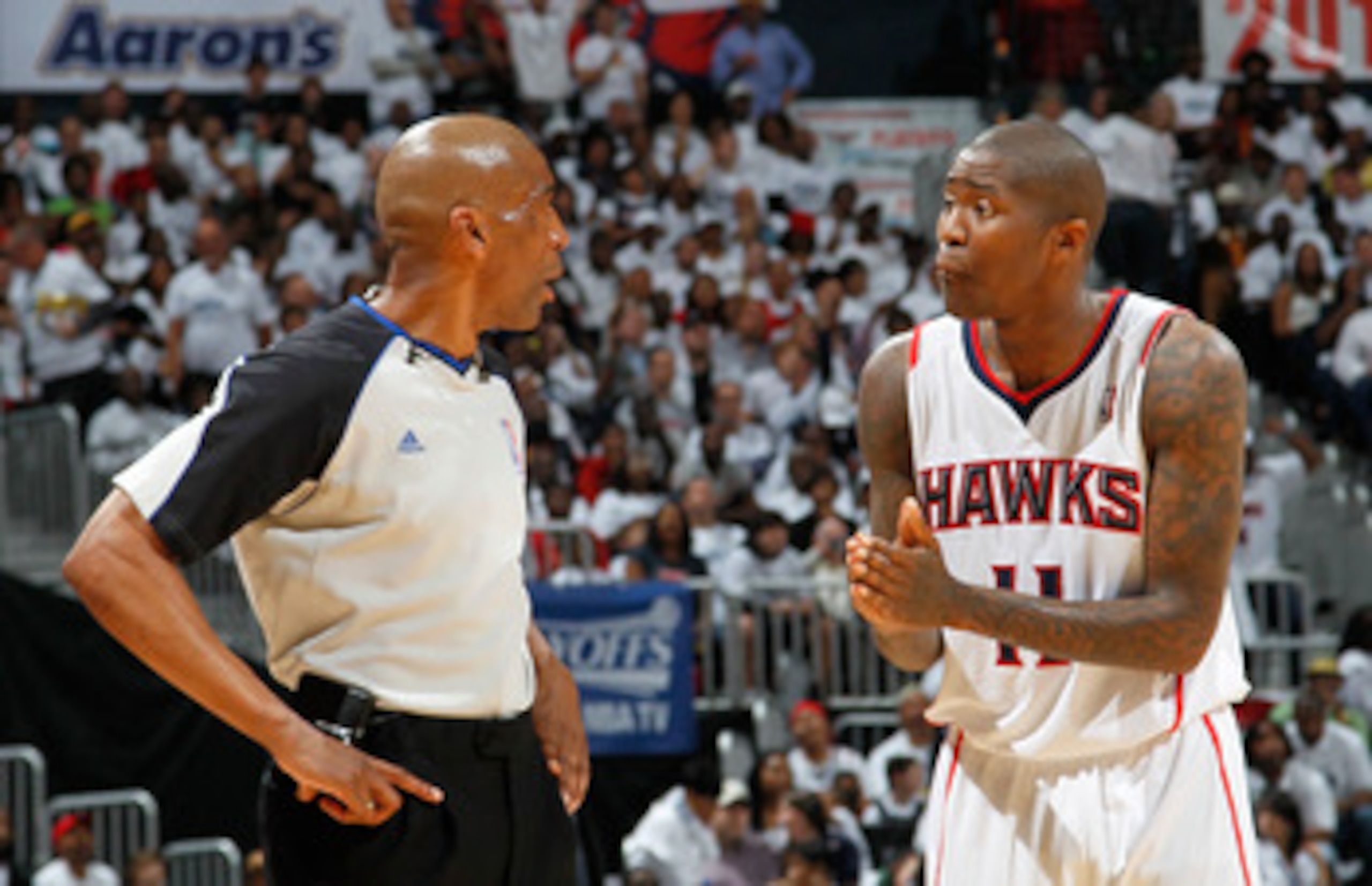 ATLANTA, GA - APRIL 22: Jamal Crawford #11 of the Atlanta Hawks pleads to referee Leon Wood #40 after being called for a foul against the Orlando Magic during Game Three of the Eastern Conference Quarterfinals in the 2011 NBA Playoffs at Philips Arena on ATLANTA, GA - APRIL 22: Jamal Crawford #11 of the Atlanta Hawks pleads to referee Leon Wood #40 after being called for a foul against the Orlando Magic during Game Three of the Eastern Conference Quarterfinals in the 2011 NBA Playoffs at Philips Arena on