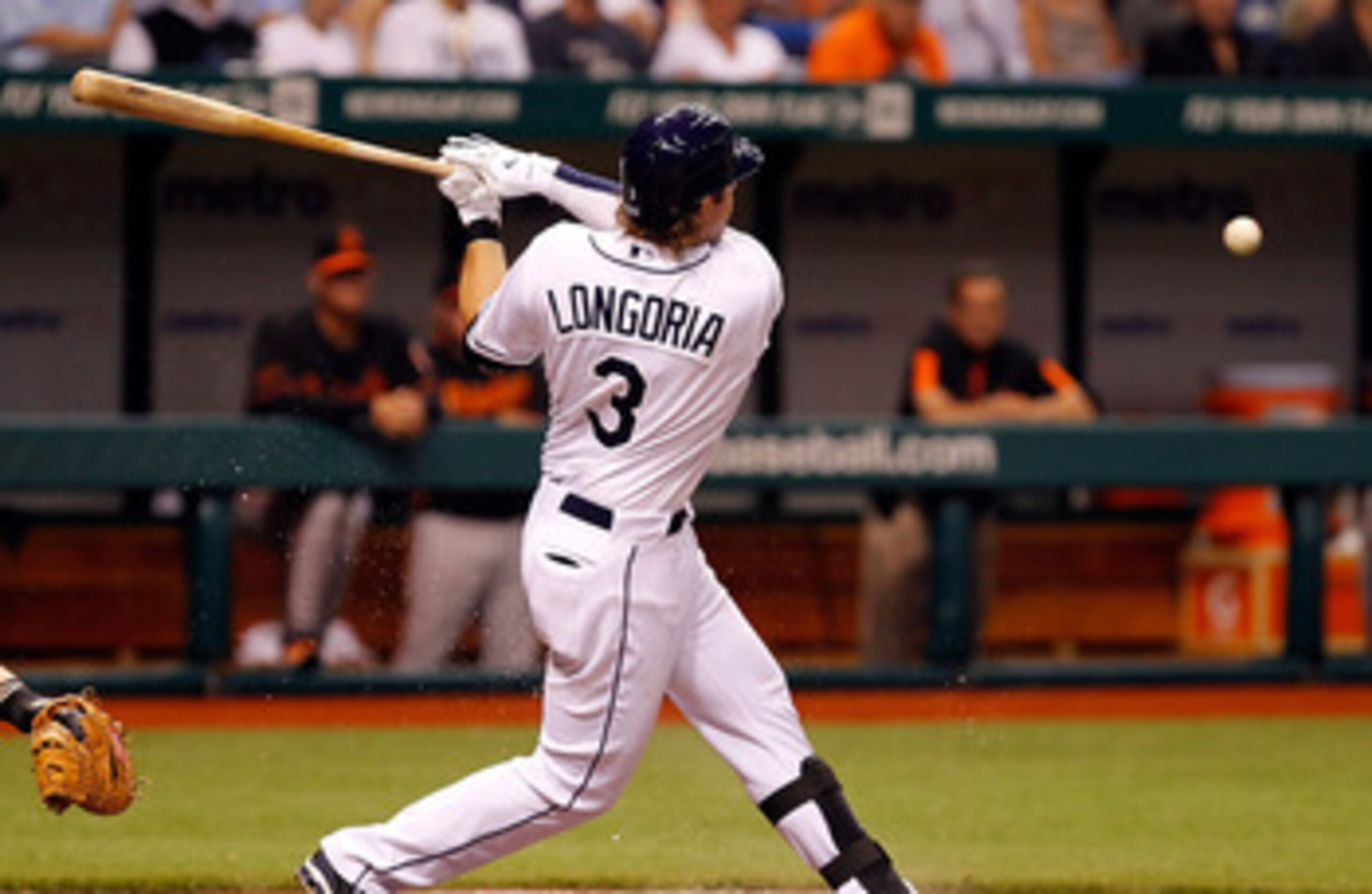 ST. PETERSBURG, FL - APRIL 01:  Infielder Evan Longoria #3 of the Tampa Bay Rays fouls off a pitch against the Baltimore Orioles during the Opening Day game at Tropicana Field on April 1, 2011 in St. Petersburg, Florida.  (Photo by J. Meric/Getty Images)