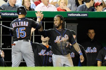 WASHINGTON, DC - APRIL 28: Carlos Beltran #15 of the New York Mets is congratulated by Jose Reyes #7 after scoring in the sixth inning against the Washington Nationals at Nationals Park on April 28, 2011 in Washington, DC. (Photo by Greg Fiume/Getty Ima WASHINGTON, DC - APRIL 28: Carlos Beltran #15 of the New York Mets is congratulated by Jose Reyes #7 after scoring in the sixth inning against the Washington Nationals at Nationals Park on April 28, 2011 in Washington, DC. (Photo by Greg Fiume/Getty Ima