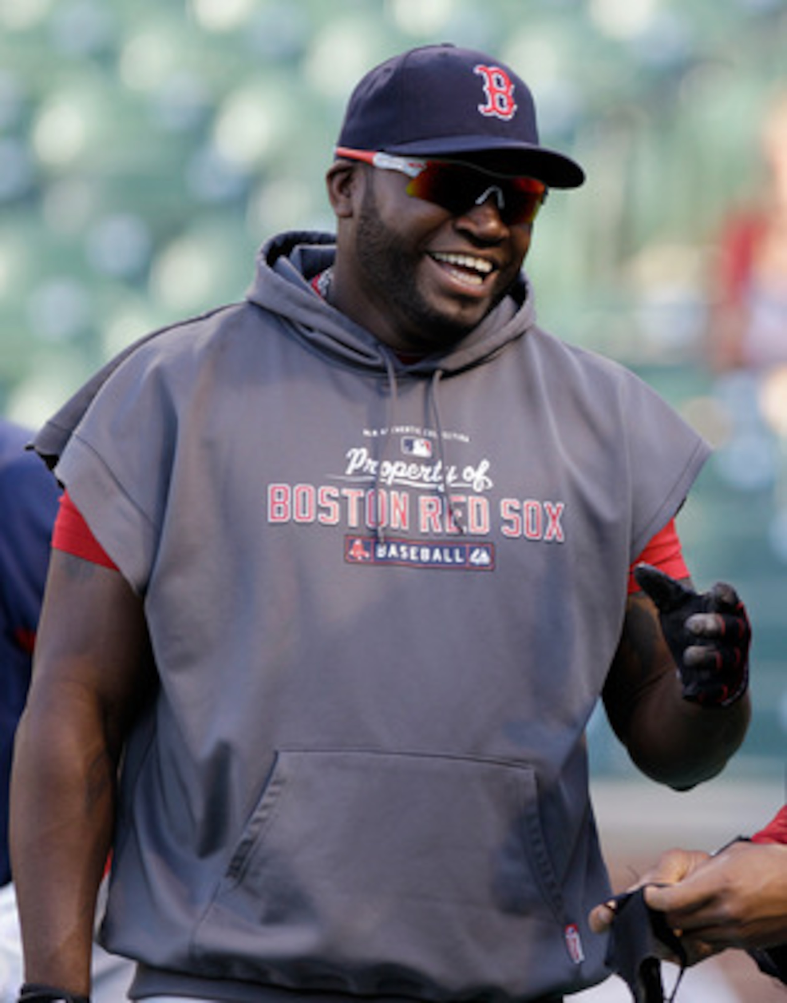 BALTIMORE, MD - APRIL 26: David Ortiz #34 (L) and Carl Crawford #13 of the Boston Red Sox (R) share a laugh while waiting to take batting practice before the the start of their game against the Baltimore Orioles at Oriole Park at Camden Yards on April 26,