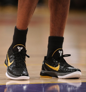 LOS ANGELES, CA - APRIL 26:  A detail of the shoes of Kobe Bryant #24 of the Los Angeles Lakers in the first quarter while taking on the New Orleans Hornets in Game Five of the Western Conference Quarterfinals in the 2011 NBA Playoffs on April 26, 2011 at