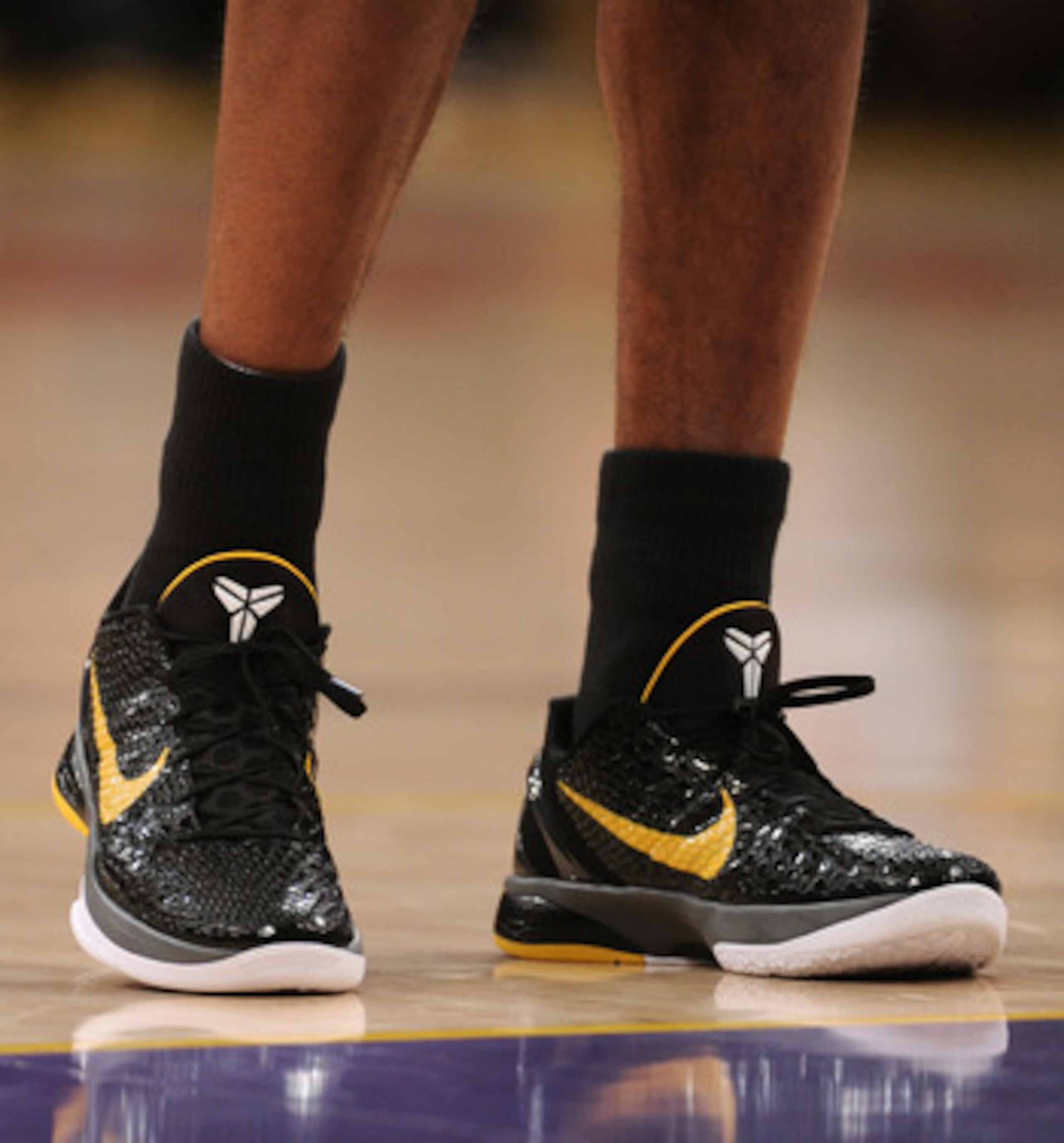 LOS ANGELES, CA - APRIL 26: A detail of the shoes of Kobe Bryant #24 of the Los Angeles Lakers in the first quarter while taking on the New Orleans Hornets in Game Five of the Western Conference Quarterfinals in the 2011 NBA Playoffs on April 26, 2011 at LOS ANGELES, CA - APRIL 26: A detail of the shoes of Kobe Bryant #24 of the Los Angeles Lakers in the first quarter while taking on the New Orleans Hornets in Game Five of the Western Conference Quarterfinals in the 2011 NBA Playoffs on April 26, 2011 at