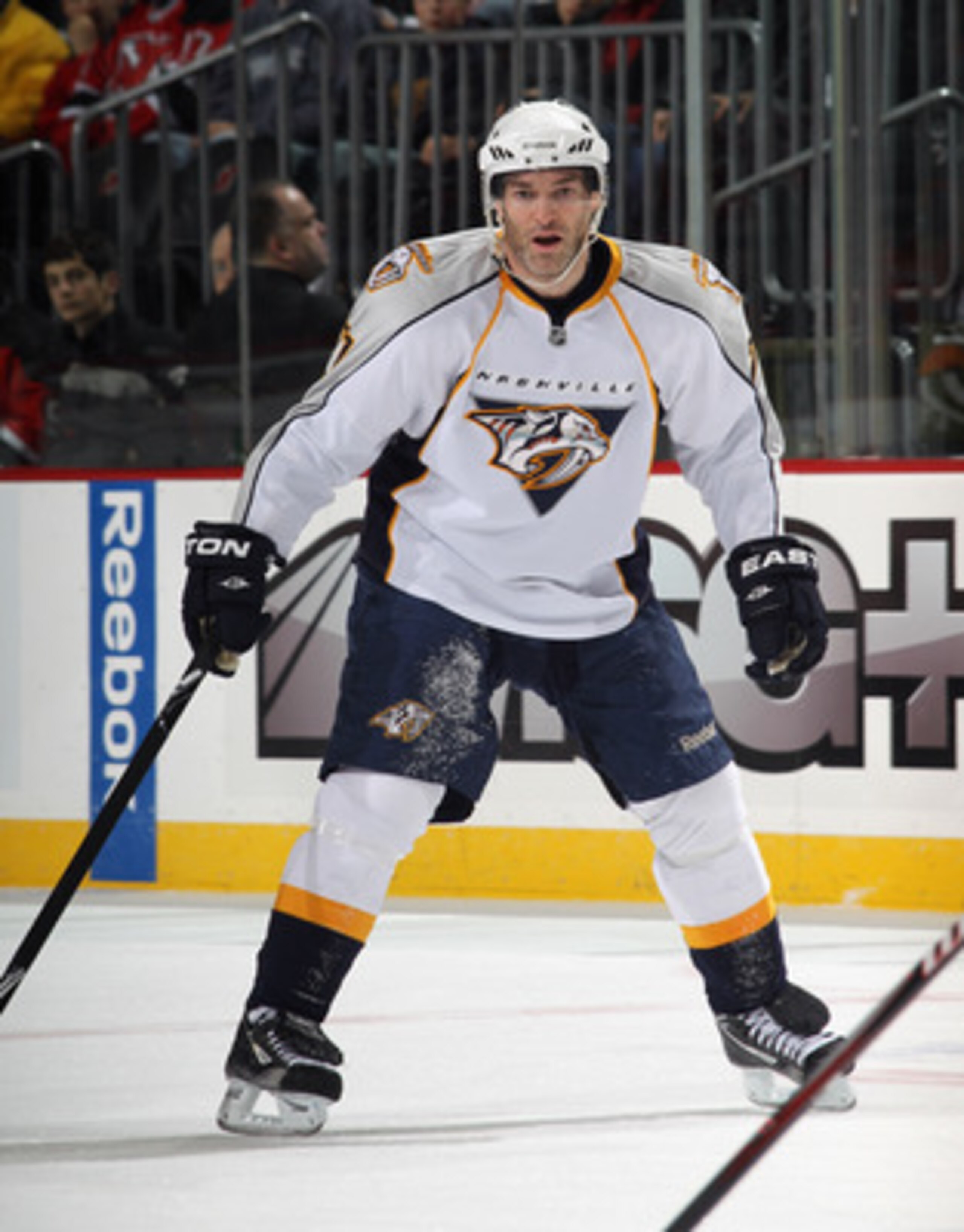 NEWARK, NJ - DECEMBER 17:  J.P. Dumont #71 of the Nashville Predators skates against the New Jersey Devils at the Prudential Center on December 17, 2010 in Newark, New Jersey.  (Photo by Bruce Bennett/Getty Images)