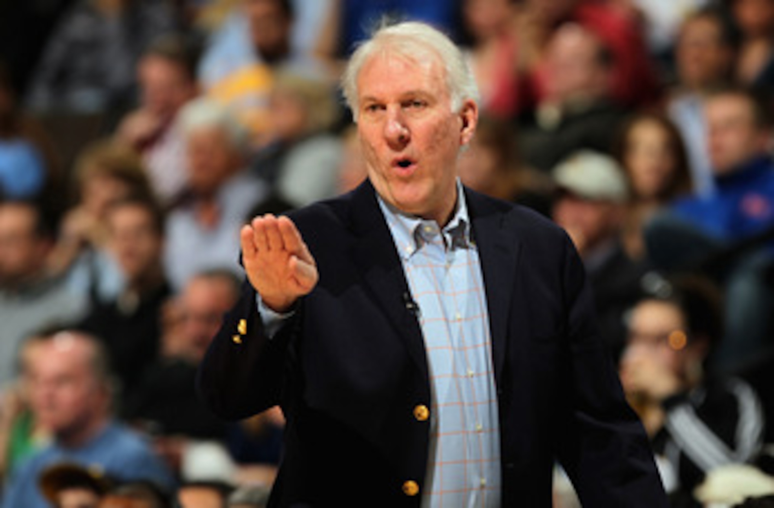 DENVER, CO - MARCH 23: Head coach Gregg Popovich of the San Antonio Spurs leads his team against the Denver Nuggets at the Pepsi Center on March 23, 2011 in Denver, Colorado. NOTE TO USER: User expressly acknowledges and agrees that, by downloading and o DENVER, CO - MARCH 23: Head coach Gregg Popovich of the San Antonio Spurs leads his team against the Denver Nuggets at the Pepsi Center on March 23, 2011 in Denver, Colorado. NOTE TO USER: User expressly acknowledges and agrees that, by downloading and o