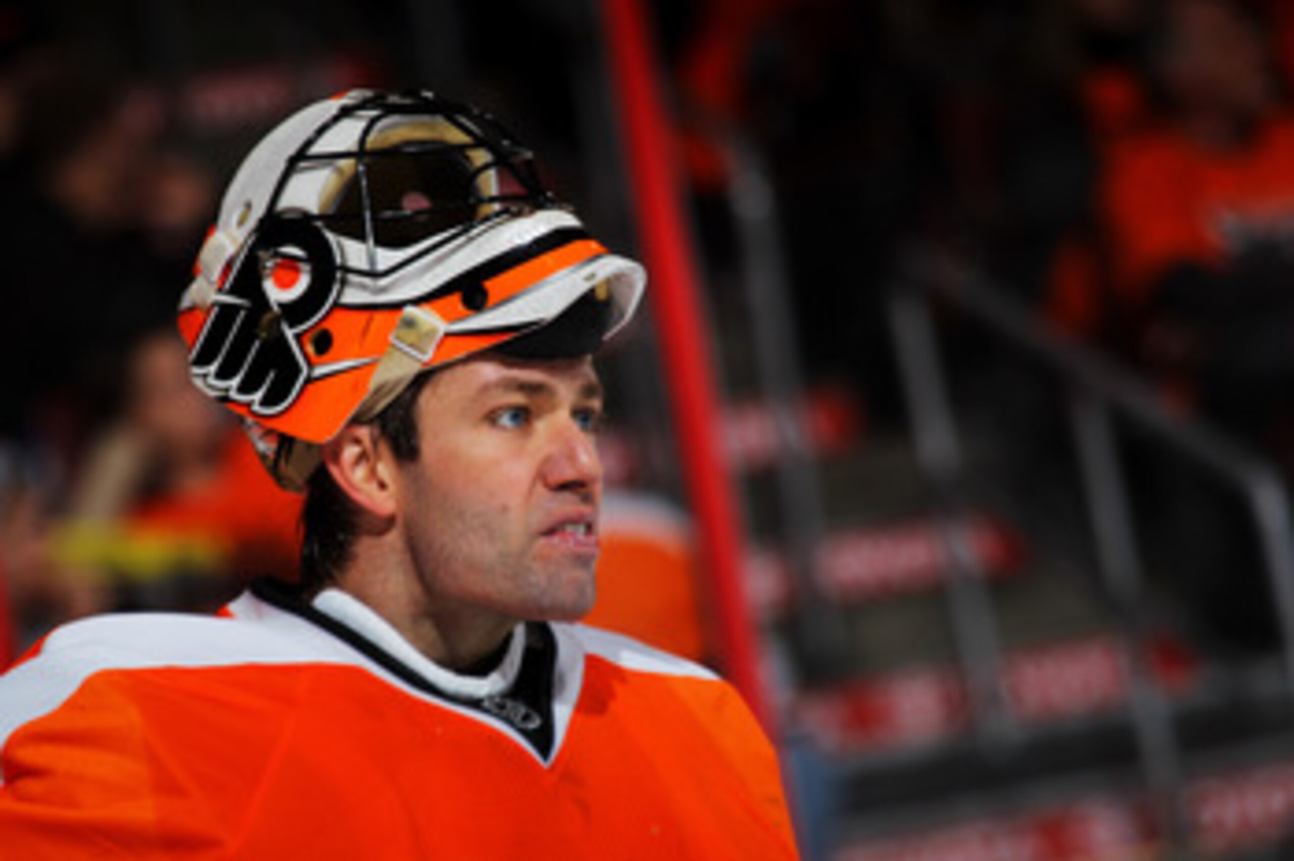 BUFFALO, NY - APRIL 24: Michael Leighton #49 of the Philadelphia Flyers skates during a timeout in the first period against the Buffalo Sabres  in Game Six of the Eastern Conference Quarterfinals during the 2011 NHL Stanley Cup Playoffs at HSBC Arena at H