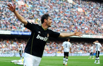 VALENCIA, SPAIN - APRIL 23:  Kaka of Real Madrid celebrates after scoring his second goal against Valencia during the La Liga match between Valencia and Real Madrid at Estadio Mestalla on April 23, 2011 in Valencia, Spain.  (Photo by Denis Doyle/Getty Ima