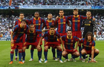 MADRID, SPAIN - APRIL 27:  The Barcelona team line up prior to the UEFA Champions League Semi Final first leg match between Real Madrid and Barcelona at Estadio Santiago Bernabeu on April 27, 2011 in Madrid, Spain.  (Photo by Alex Livesey/Getty Images)