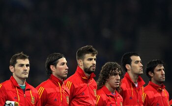 GLASGOW, SCOTLAND - OCTOBER 12:  The Spain team line up prior to the UEFA EURO 2012 Group I Qualifier match between Scotland and Spain at Hampden Park on October 12, 2010 in Glasgow, Scotland.  (Photo by Alex Livesey/Getty Images)