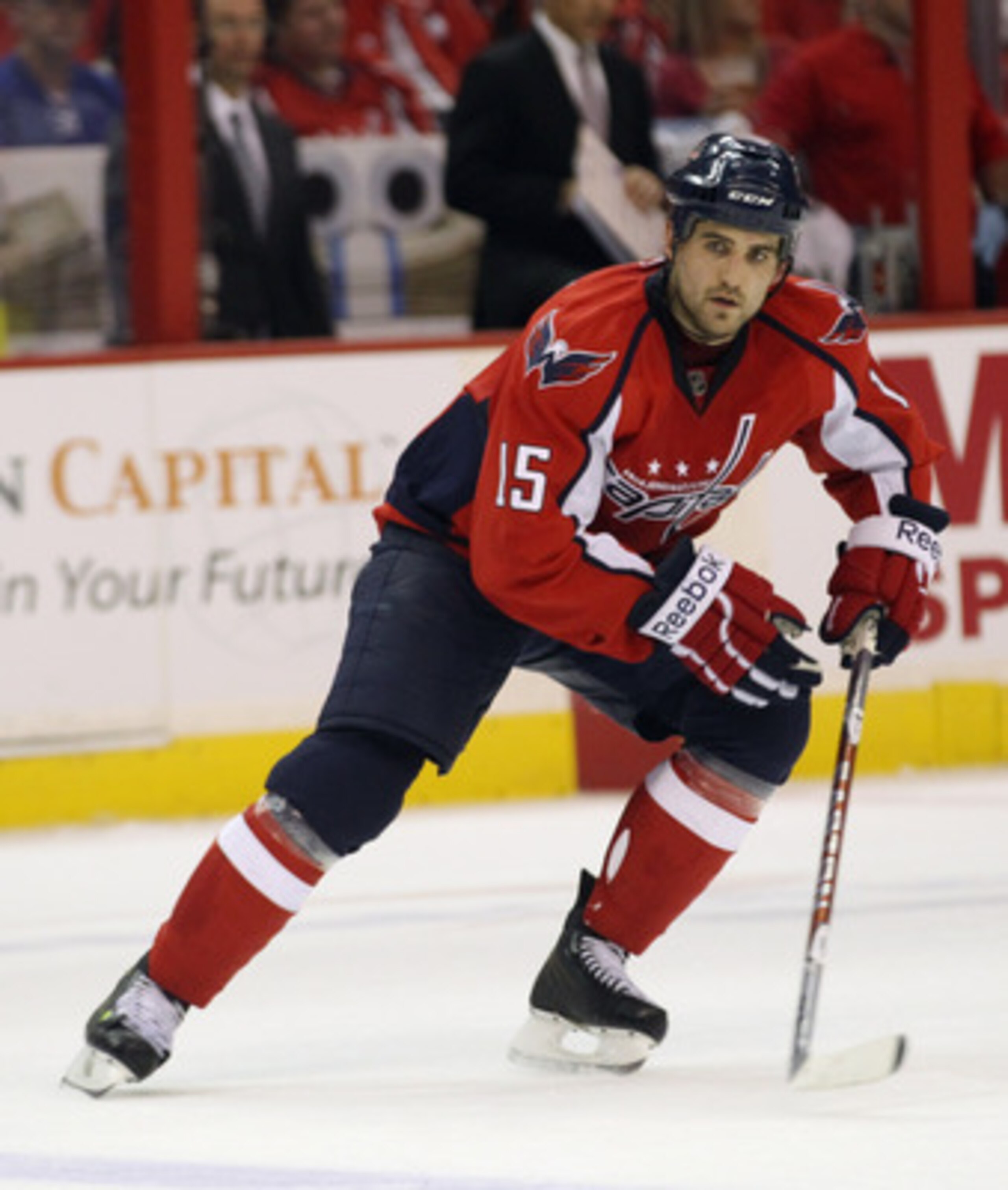 WASHINGTON, DC - APRIL 15:  Boyd Gordon #15 of the Washington Capitals skates against the New York Rangers in Game Two of the Eastern Conference Quarterfinals during the 2011 NHL Stanley Cup Playoffs at Verizon Center on April 15, 2011 in Washington, DC.