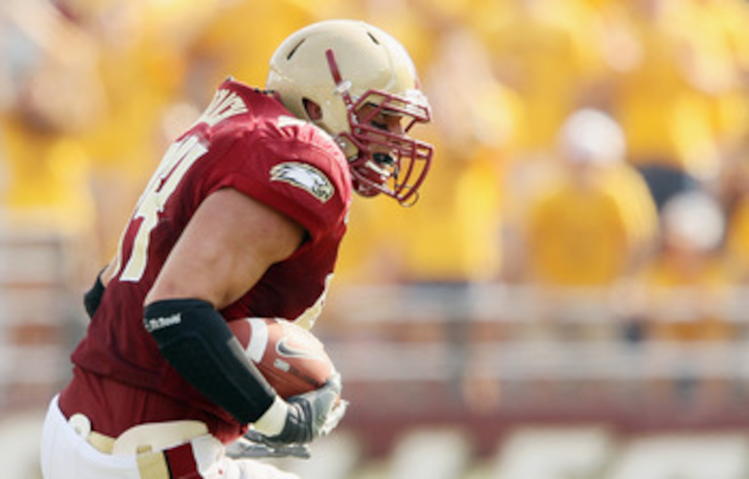 CHESTNUT HILL, MA - SEPTEMBER 25: Mark Herzlich #94 of the Boston College Eagles carries the ball after he intercepted a pass from Tyrod Taylor of the Virginia Tech Hokies on September 25, 2010 at Alumni Stadium in Chestnut Hill, Massachusetts. Virginia CHESTNUT HILL, MA - SEPTEMBER 25: Mark Herzlich #94 of the Boston College Eagles carries the ball after he intercepted a pass from Tyrod Taylor of the Virginia Tech Hokies on September 25, 2010 at Alumni Stadium in Chestnut Hill, Massachusetts. Virginia
