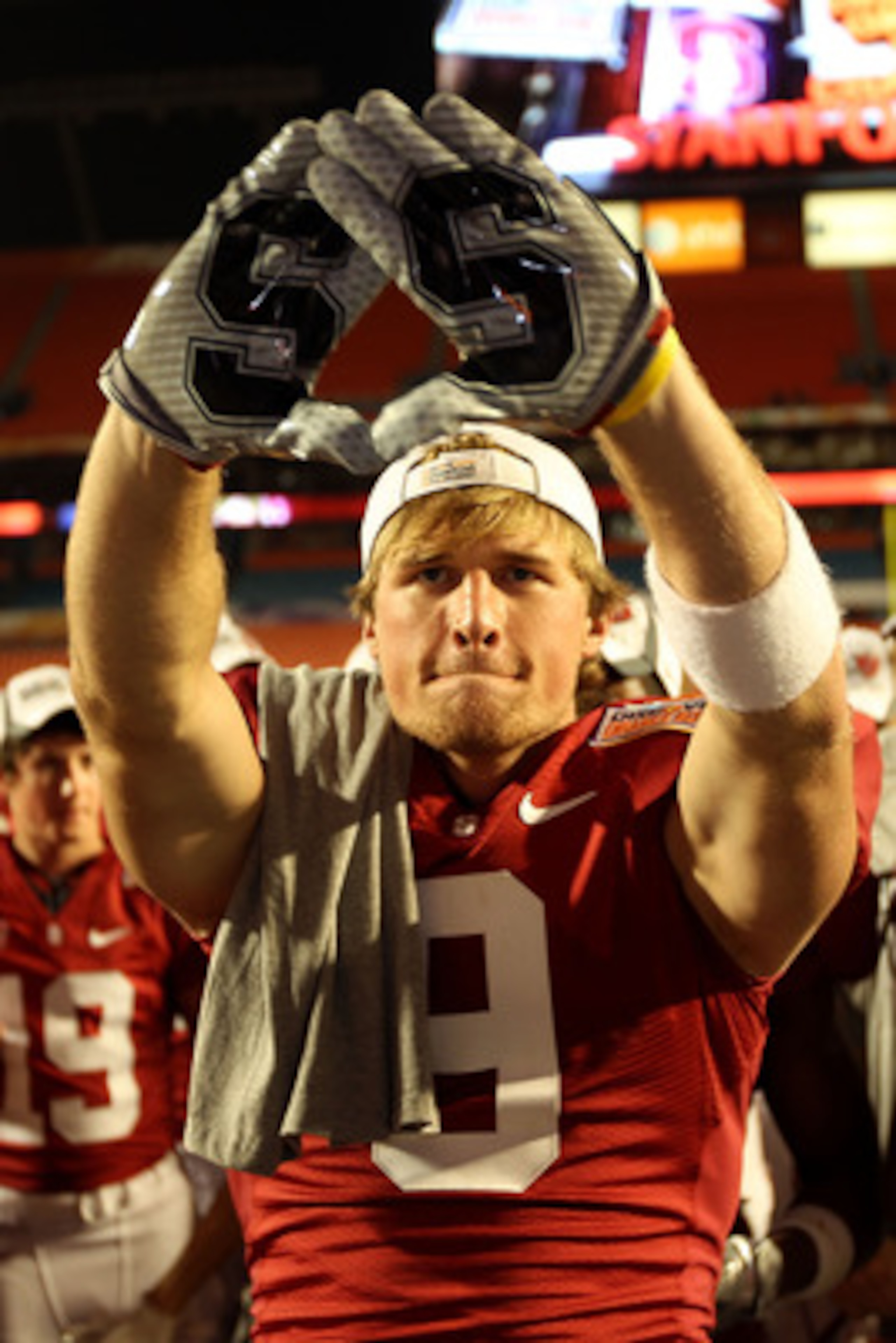 MIAMI, FL - JANUARY 03: Ryan Whalen #8 of the Stanford Cardinal celebrates after Stanford won 40-12 against the Virginia Tech Hokies during the 2011 Discover Orange Bowl at Sun Life Stadium on January 3, 2011 in Miami, Florida. (Photo by Mike Ehrmann/Gett