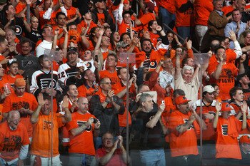 PHILADELPHIA, PA - APRIL 26:  Philadelphia Flyers fans celebrate during the second period of their game against the Buffalo Sabres in Game Seven of the Eastern Conference Quarterfinals during the 2011 NHL Stanley Cup Playoffs at Wells Fargo Center on Apri