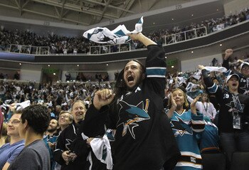 SAN JOSE, CA - MAY 01:  A San Jose Sharks fan celebrates after the Sharks went up 2-0 over the Detroit Red Wings  in Game Two of the Western Conference Semifinals during the 2011 NHL Stanley Cup Playoffs at HP Pavilion on May 1, 2011 in San Jose, Californ