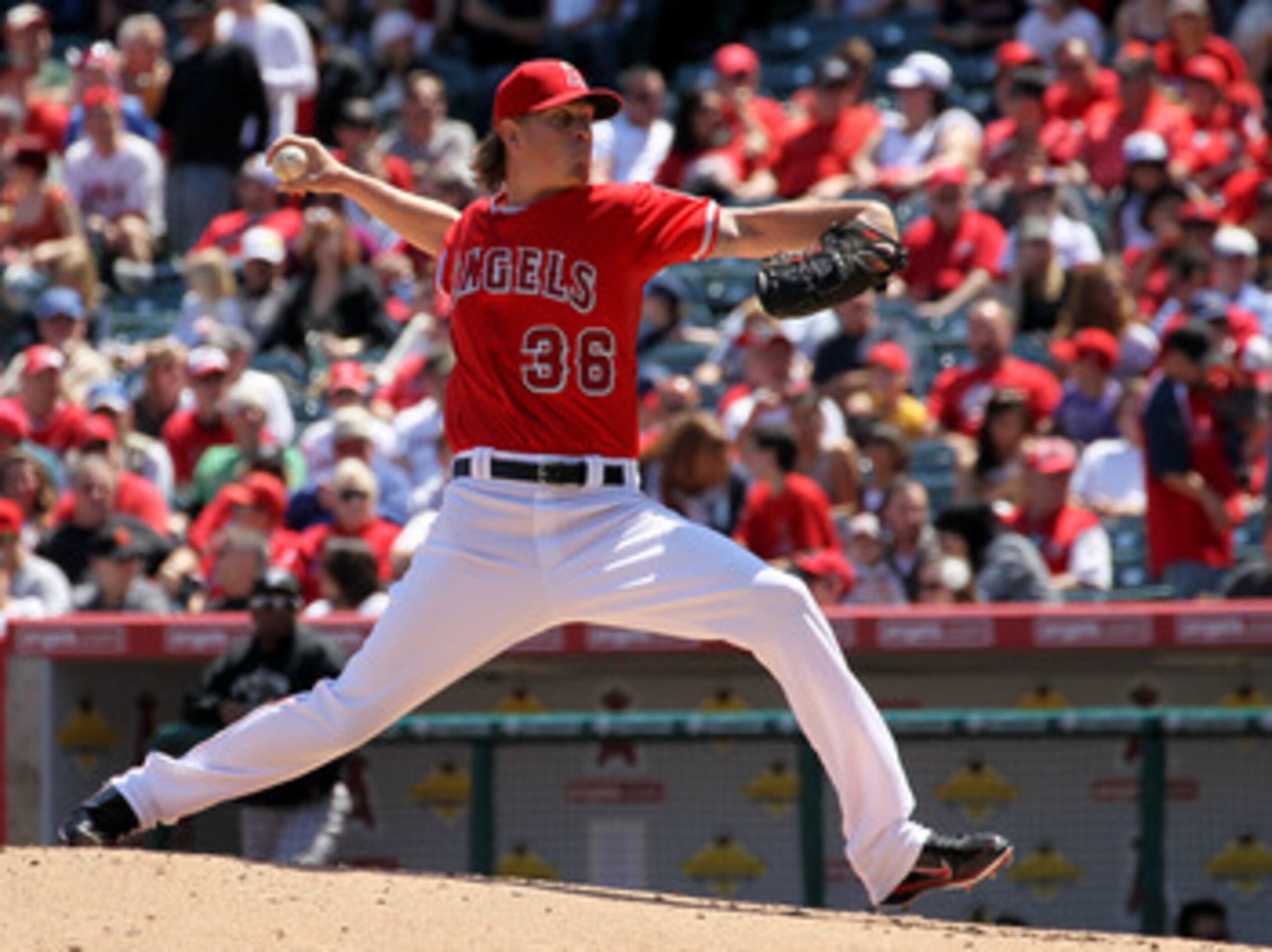 ANAHEIM, CA - APRIL 10:  Jered Weaver #36 of the Los Angeles Angels of Anaheim throws a pitch against the Toronto Blue Jays on April 10, 2011 at Angel Stadium in Anaheim, California.  (Photo by Stephen Dunn/Getty Images)