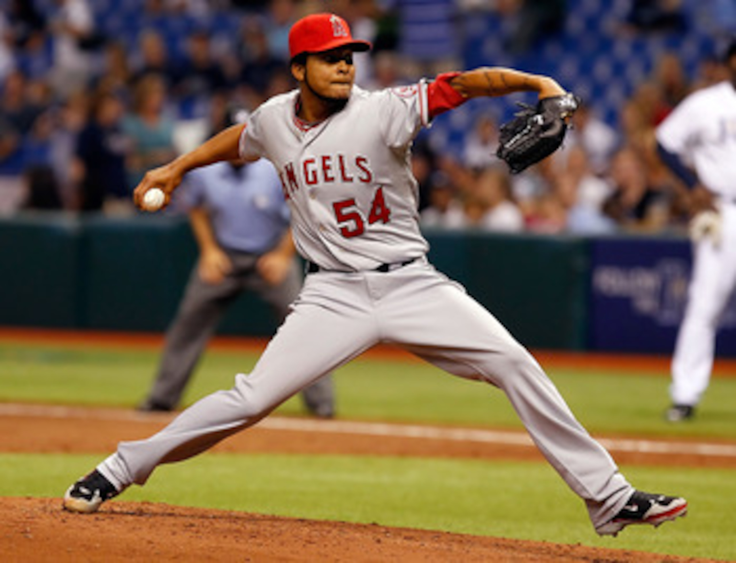 ST PETERSBURG, FL - APRIL 29:  Pitcher Ervin Santana #54 of the Los Angeles Angels of Anaheim pitches against the Tampa Bay Rays during the game at Tropicana Field on April 29, 2011 in St. Petersburg, Florida.  (Photo by J. Meric/Getty Images)
