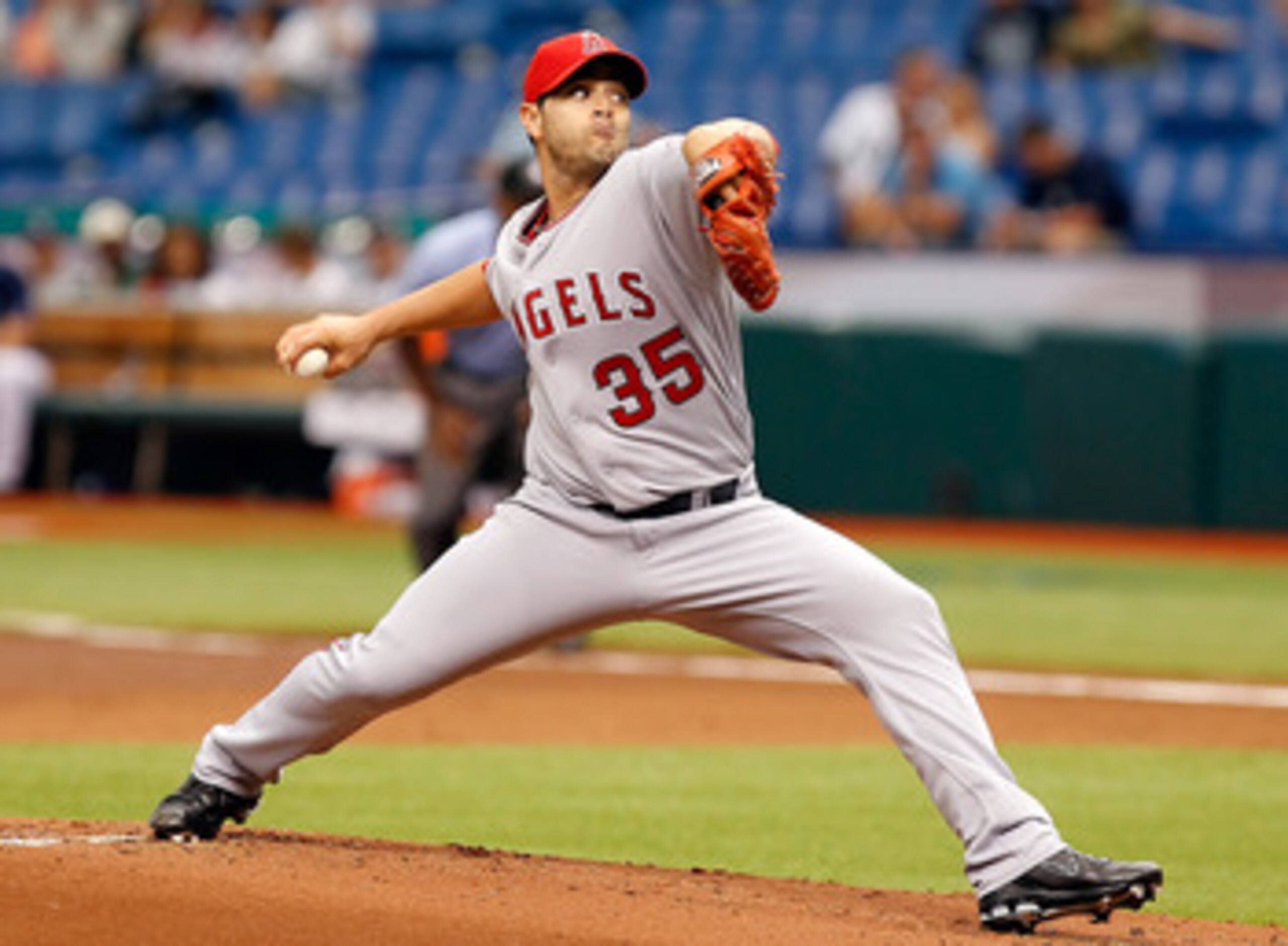 ST PETERSBURG, FL - APRIL 30:  :  Pitcher Joel Pineiro #35 of the Los Angeles Angels of Anaheim pitches against the Tampa Bay Rays during the game at Tropicana Field on April 30, 2011 in St. Petersburg, Florida.  (Photo by J. Meric/Getty Images)