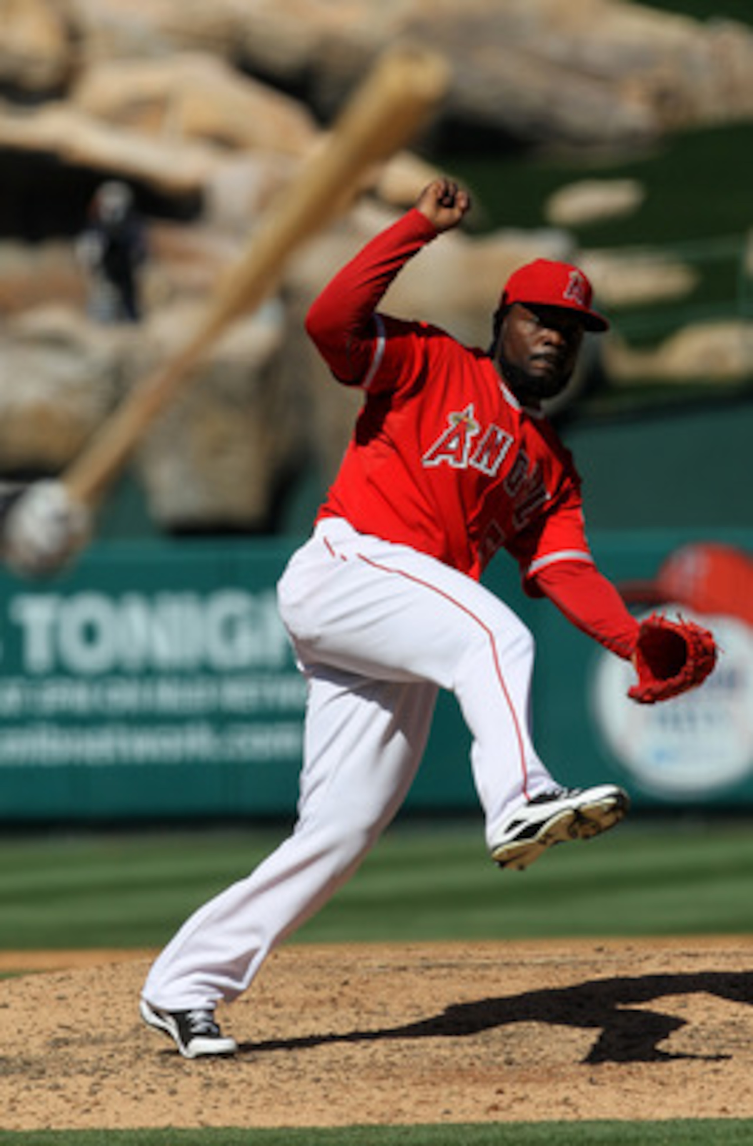 ANAHEIM, CA - APRIL 10:  Reliever Fernanado Rodney #56 of the Los Angeles Angels of Anaheim follows through on the final pitch of the game as he picks up the save against the Toronto Blue Jays on April 10, 2011 at Angel Stadium in Anaheim, California. The