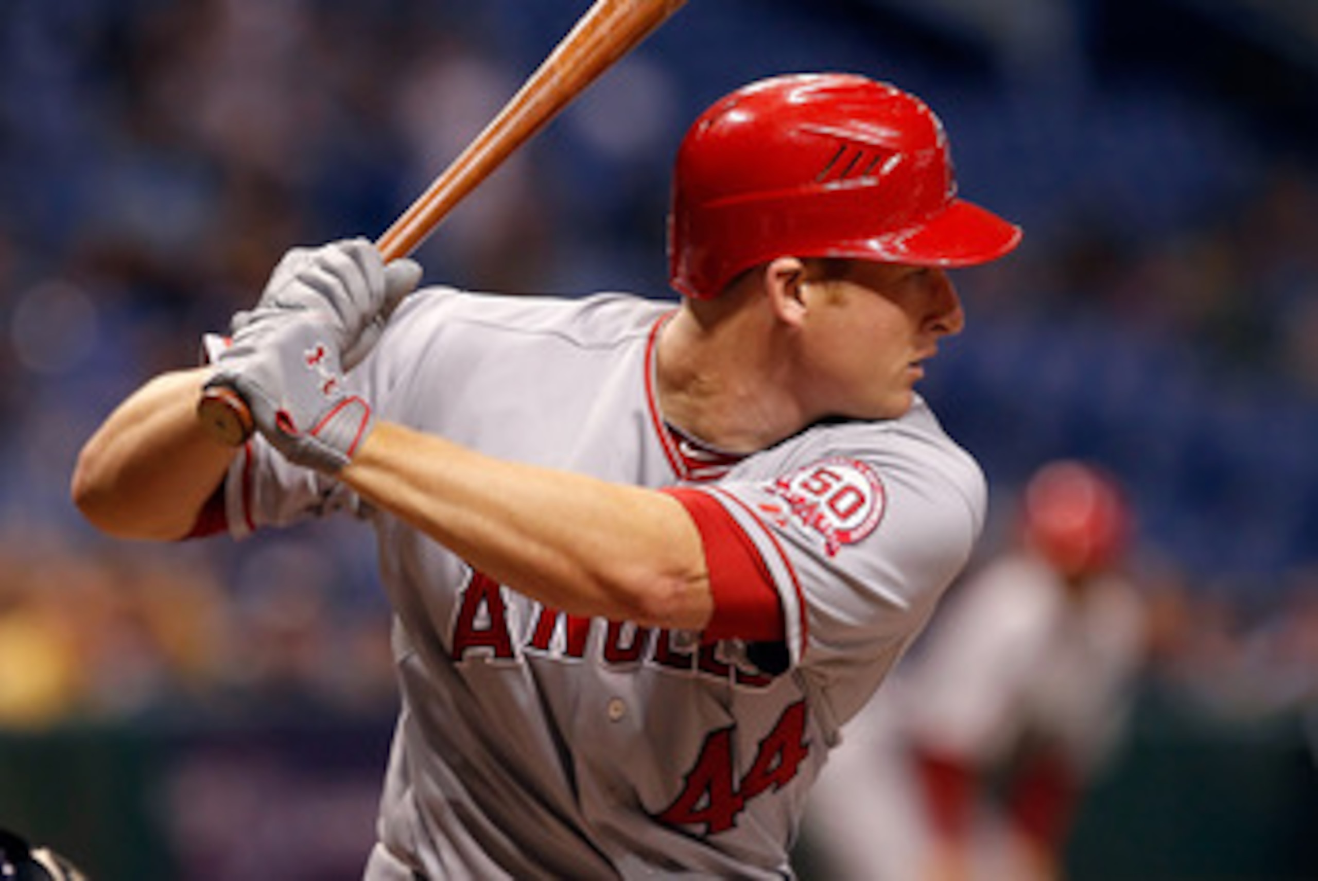 ST PETERSBURG, FL - APRIL 29:  First baseman Mark Trumbo #44 of the Los Angeles Angels of Anaheim bats against the Tampa Bay Rays during the game at Tropicana Field on April 29, 2011 in St. Petersburg, Florida.  (Photo by J. Meric/Getty Images)
