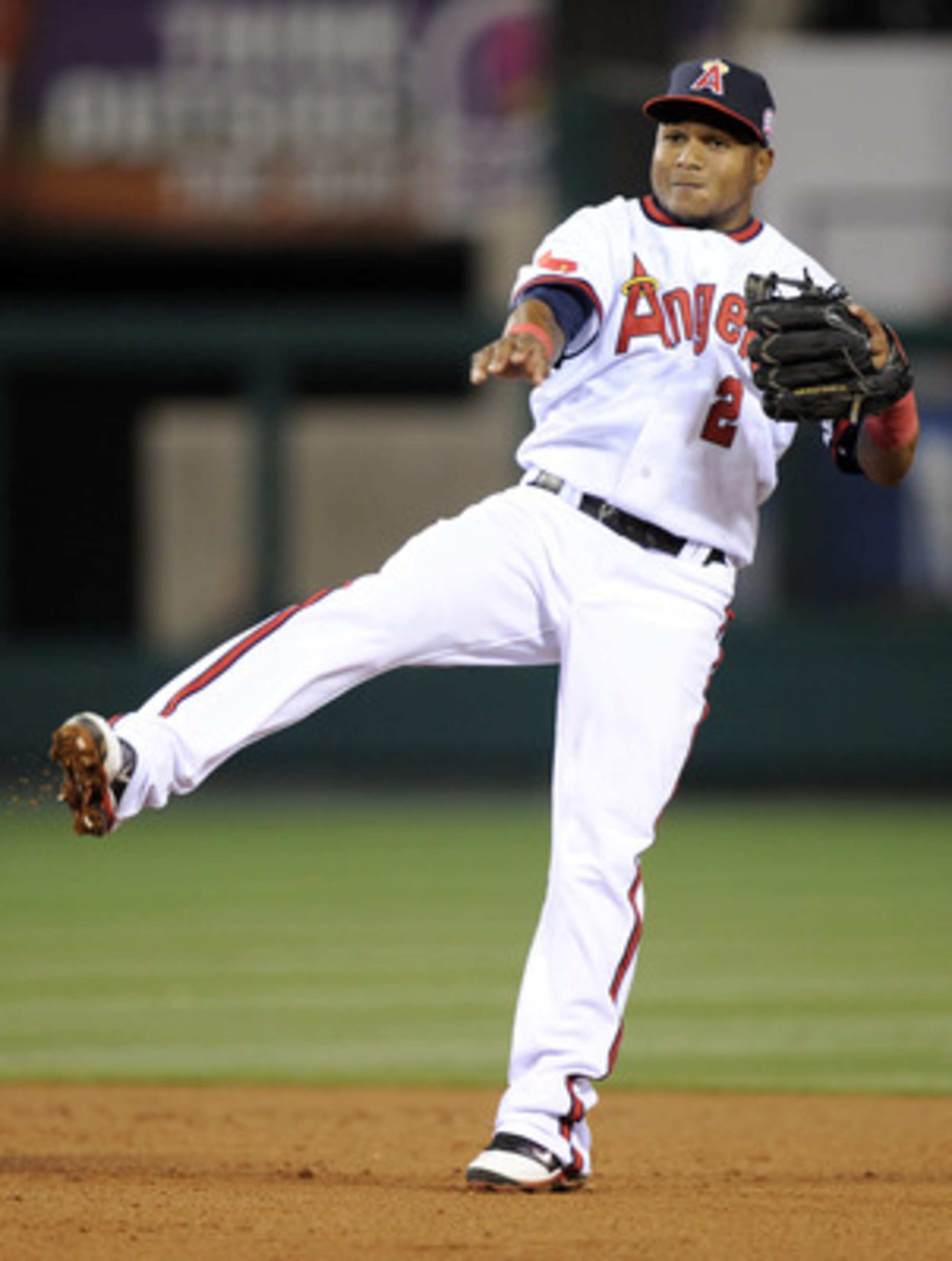 ANAHEIM, CA - APRIL 22:  Erick Aybar #2 of the Los Angeles Angels of Anaheim reacts to his throw as he can not turn a double play against the the Boston Red Sox during the fifth inning at Angel Stadium on April 22, 2011 in Anaheim, California.  (Photo by 