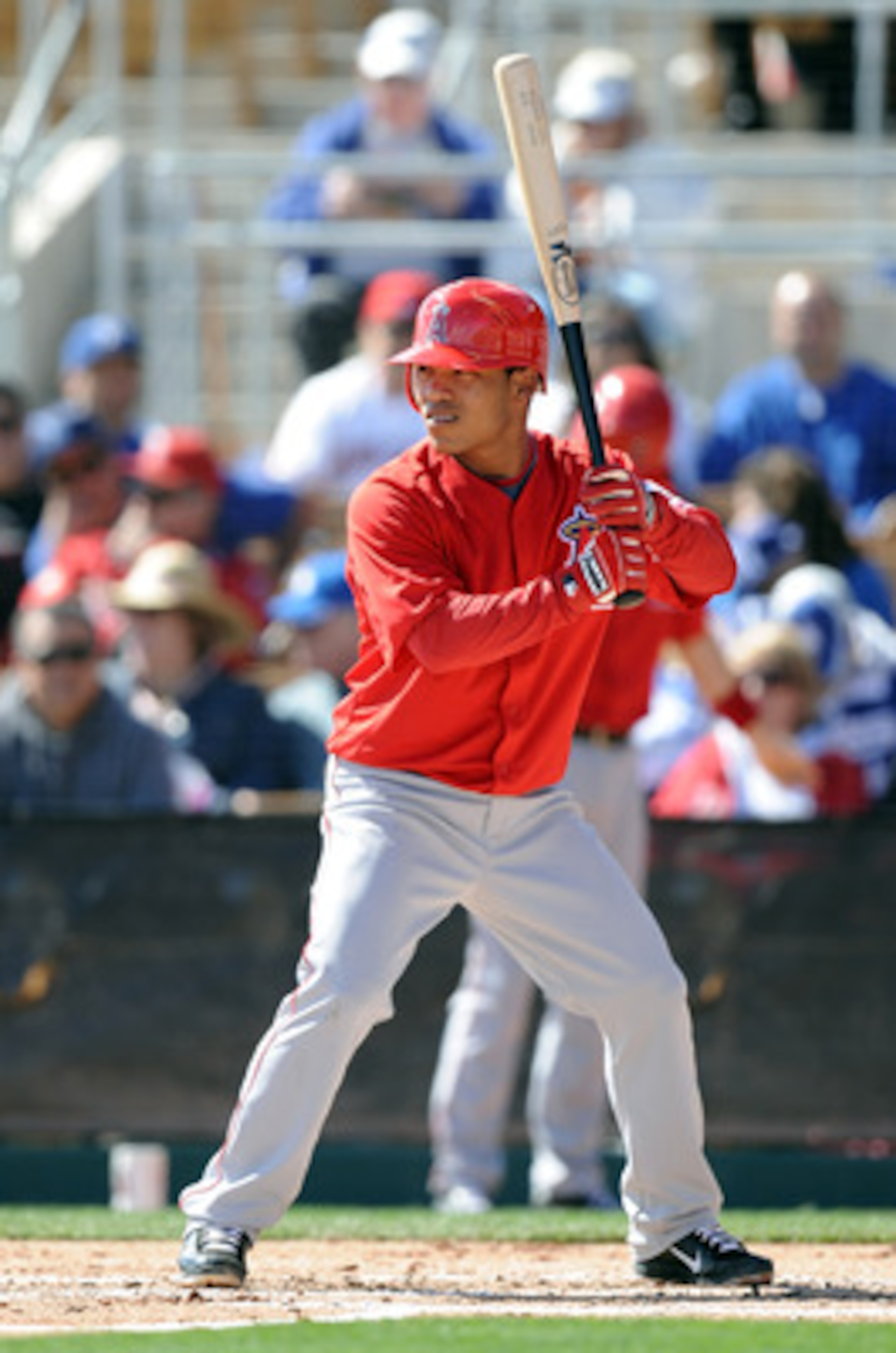 PHOENIX, AZ - FEBRUARY 27:  Alexi Amarista #76 of the Los Angeles Angels of Anaheim at bat against the Los Angeles Dodgers during spring training at Camelback Ranch on February 27, 2011 in Phoenix, Arizona.  (Photo by Harry How/Getty Images)