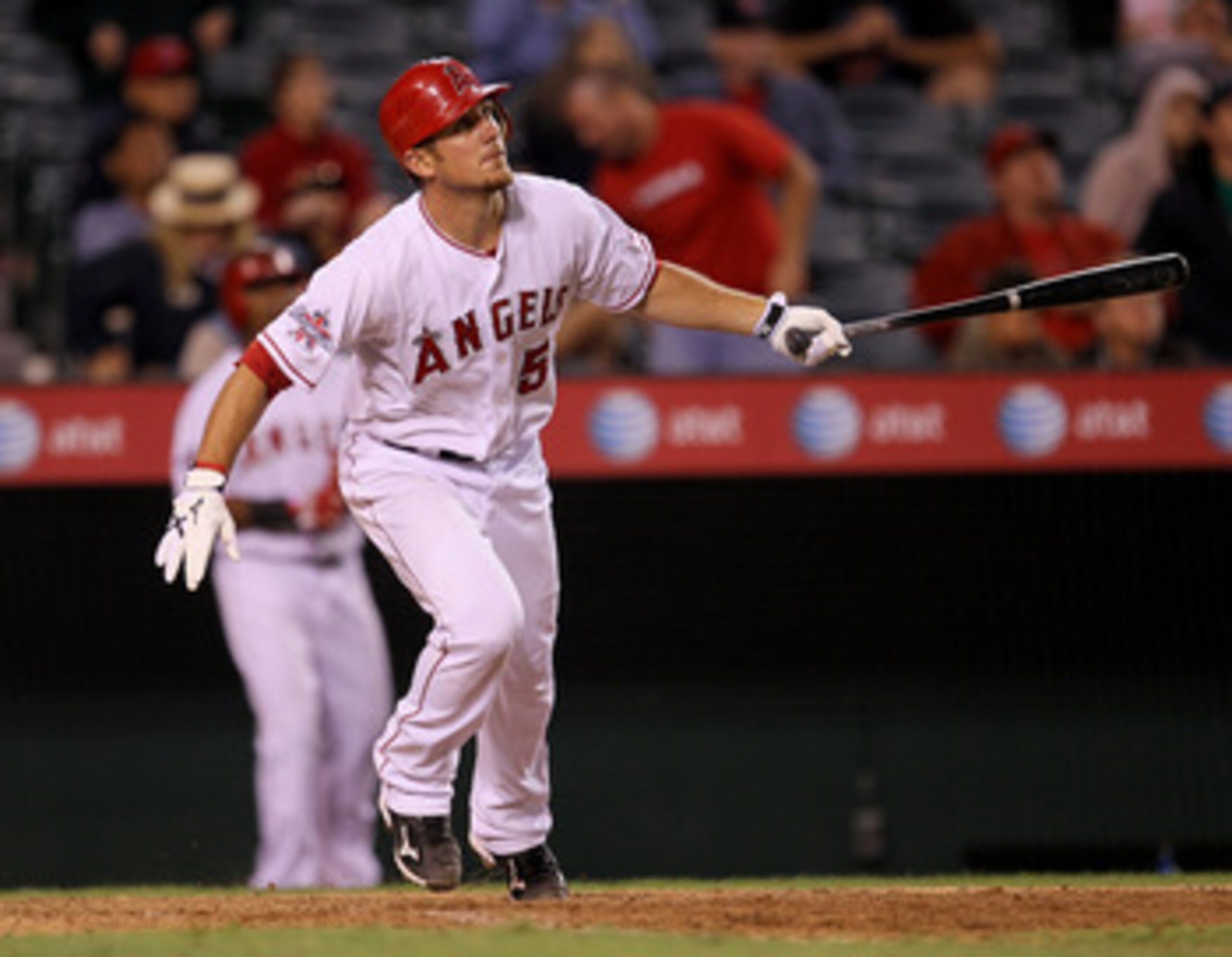 ANAHEIM, CA - SEPTEMBER 08:  Jeff Mathis #5 of the Los Angeles Angels of Anaheim hits a walk off sacrifice fly to score Torri Hunter from third base against the Cleveland Indians in the 16th inning on September 8, 2010 at Angel Stadium in Anaheim, Califor