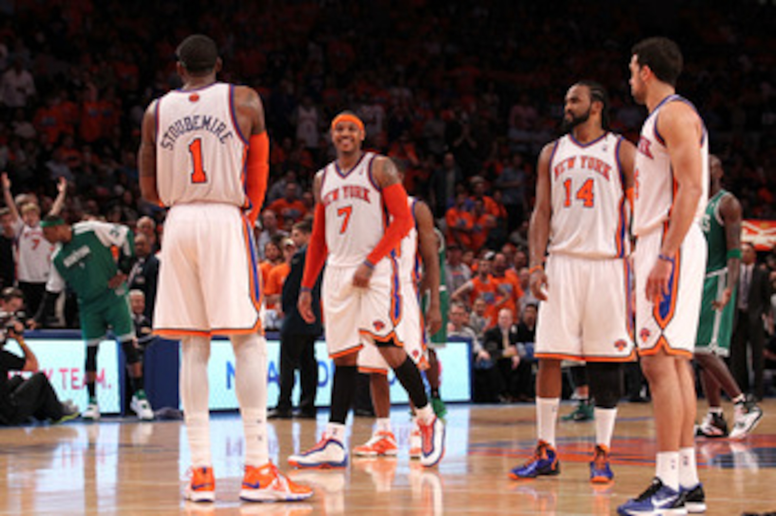 NEW YORK, NY - APRIL 24:  (L-R) Amar'e Stoudemire #1, Carmelo Anthony #7, Ronny Turiaf #14 and Landry Fields #6 of the New York Knicks look on against the Boston Celtics in Game Four of the Eastern Conference Quarterfinals during the 2011 NBA Playoffs on 