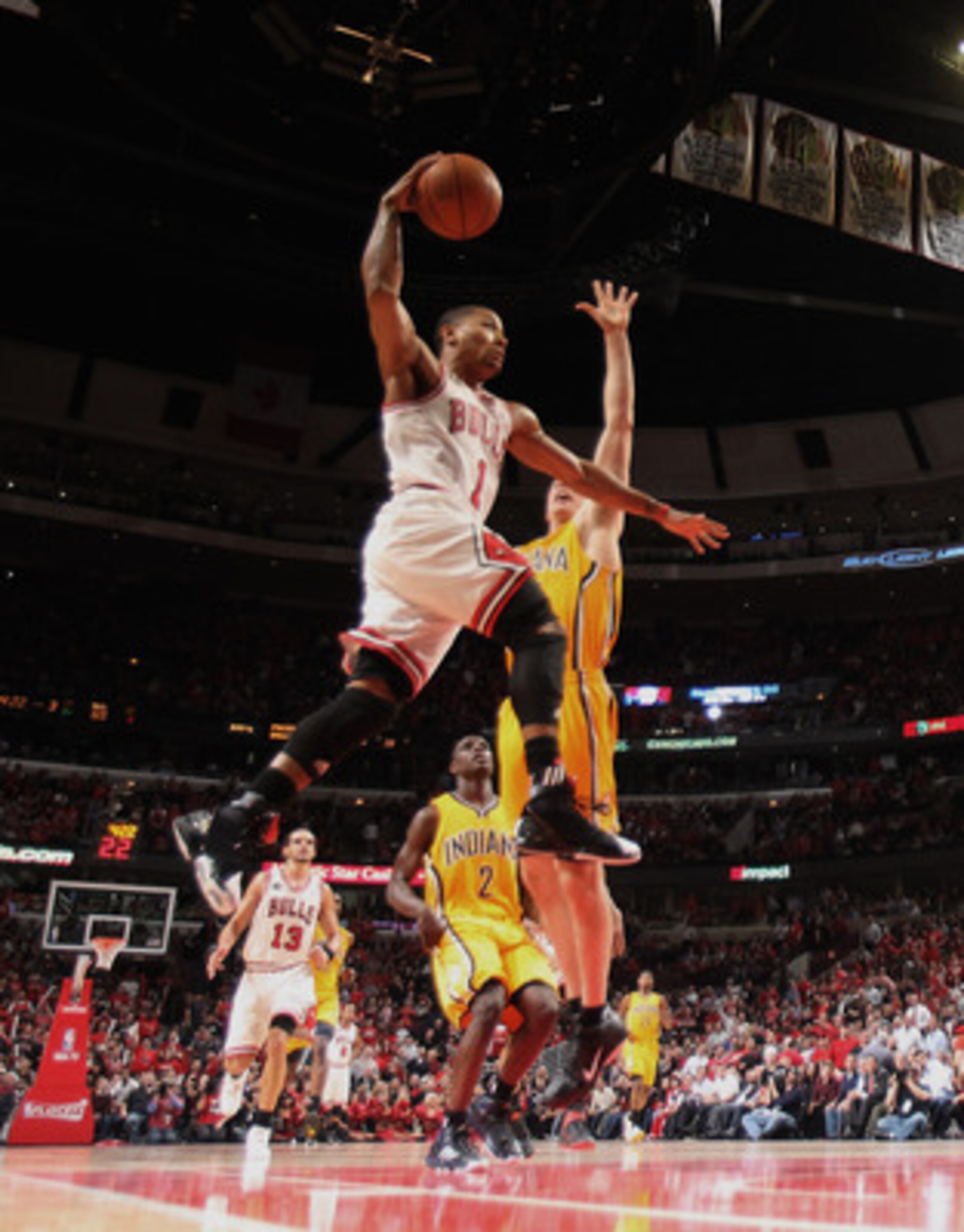 CHICAGO, IL - APRIL 26: Derrick Rose #1 of the Chicago Bulls goes up for a shot against Tyler Hansbrough #50 of the Indiana Pacers in Game Five of the Eastern Conference Quarterfinals in the 2011 NBA Playoffs at the United Center on April 26, 2011 in Chic