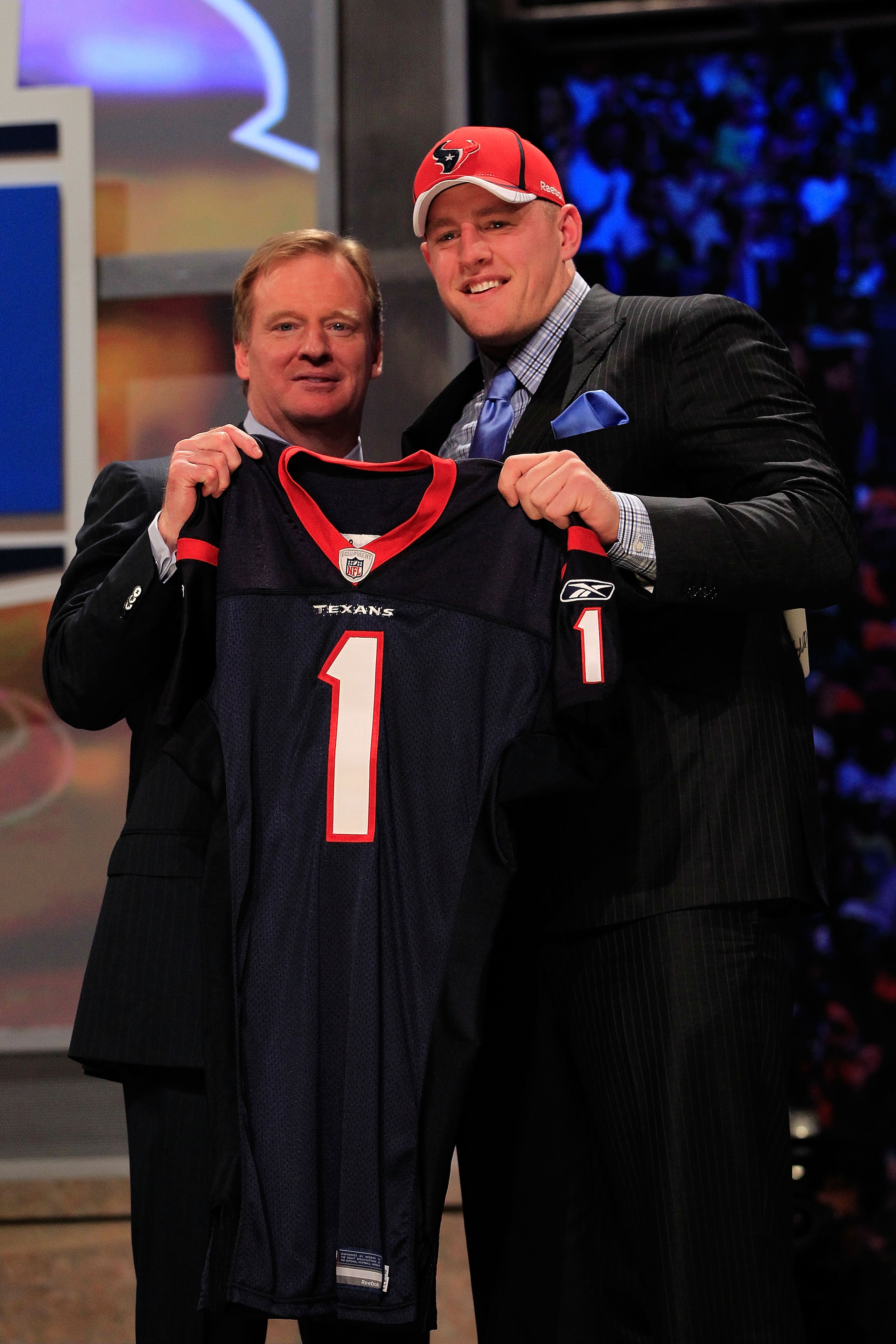 NEW YORK, NY - APRIL 28: NFL Commissioner Roger Goodell, poses for a photo with J.J. Watt, #11 overall pick by the Houston Texans, on stage during the 2011 NFL Draft at Radio City Music Hall on April 28, 2011 in New York City. (Photo by Chris Trotman/Ge NEW YORK, NY - APRIL 28: NFL Commissioner Roger Goodell, poses for a photo with J.J. Watt, #11 overall pick by the Houston Texans, on stage during the 2011 NFL Draft at Radio City Music Hall on April 28, 2011 in New York City. (Photo by Chris Trotman/Ge