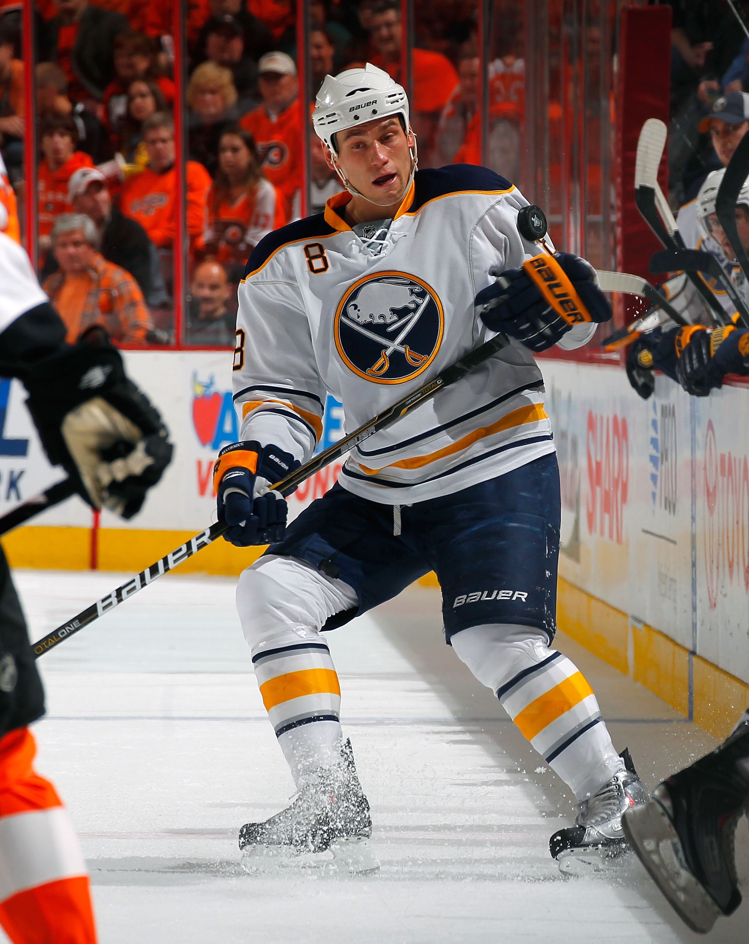 PHILADELPHIA, PA - APRIL 16:  Cody McCormick #8 of the Buffalo Sabres swats at the puck against the Philadelphia Flyers in Game Two of the Eastern Conference Quarterfinals during the 2011 NHL Stanley Cup Playoffs at Wells Fargo Center on April 16, 2011 in