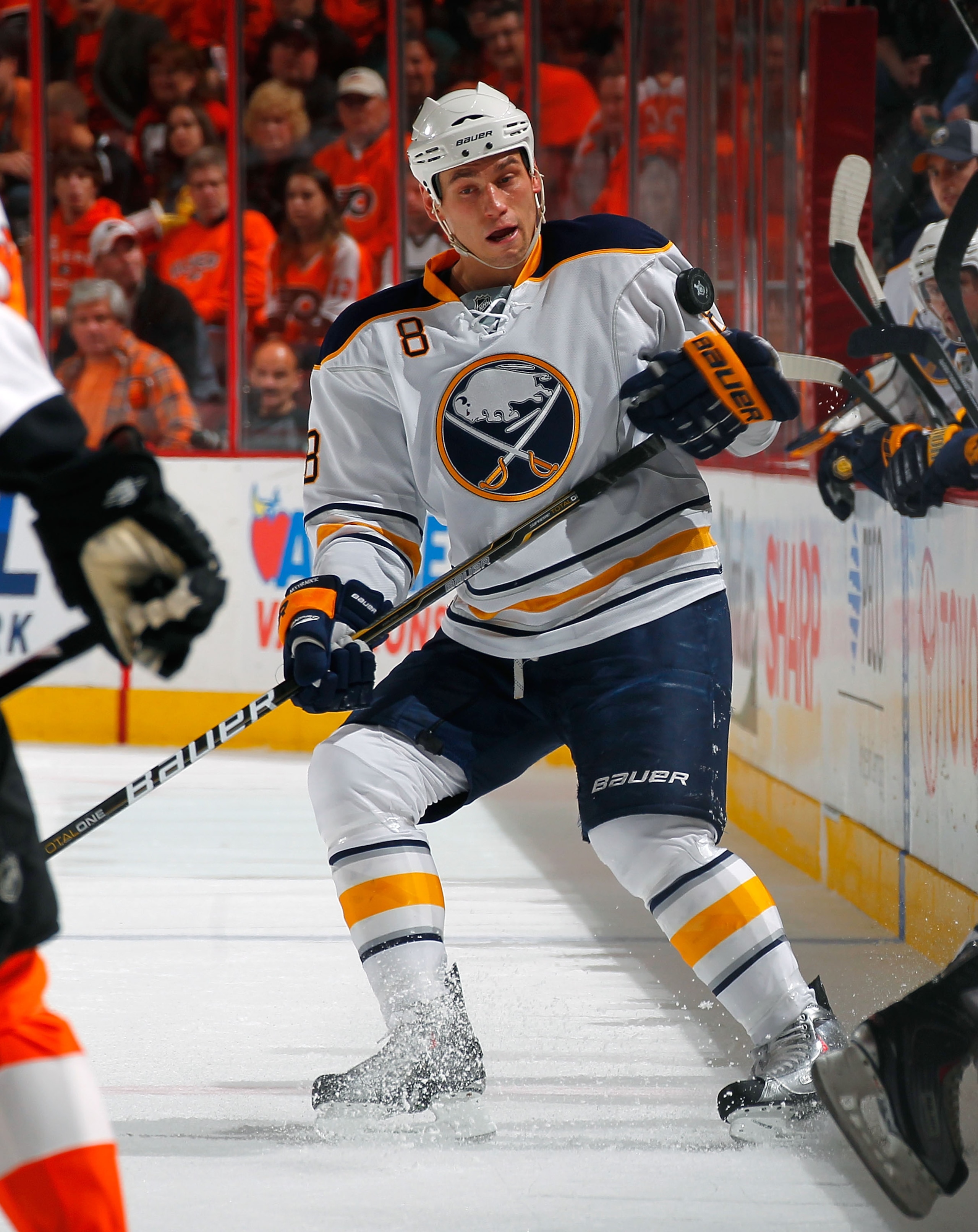 PHILADELPHIA, PA - APRIL 16:  Cody McCormick #8 of the Buffalo Sabres swats at the puck against the Philadelphia Flyers in Game Two of the Eastern Conference Quarterfinals during the 2011 NHL Stanley Cup Playoffs at Wells Fargo Center on April 16, 2011 in