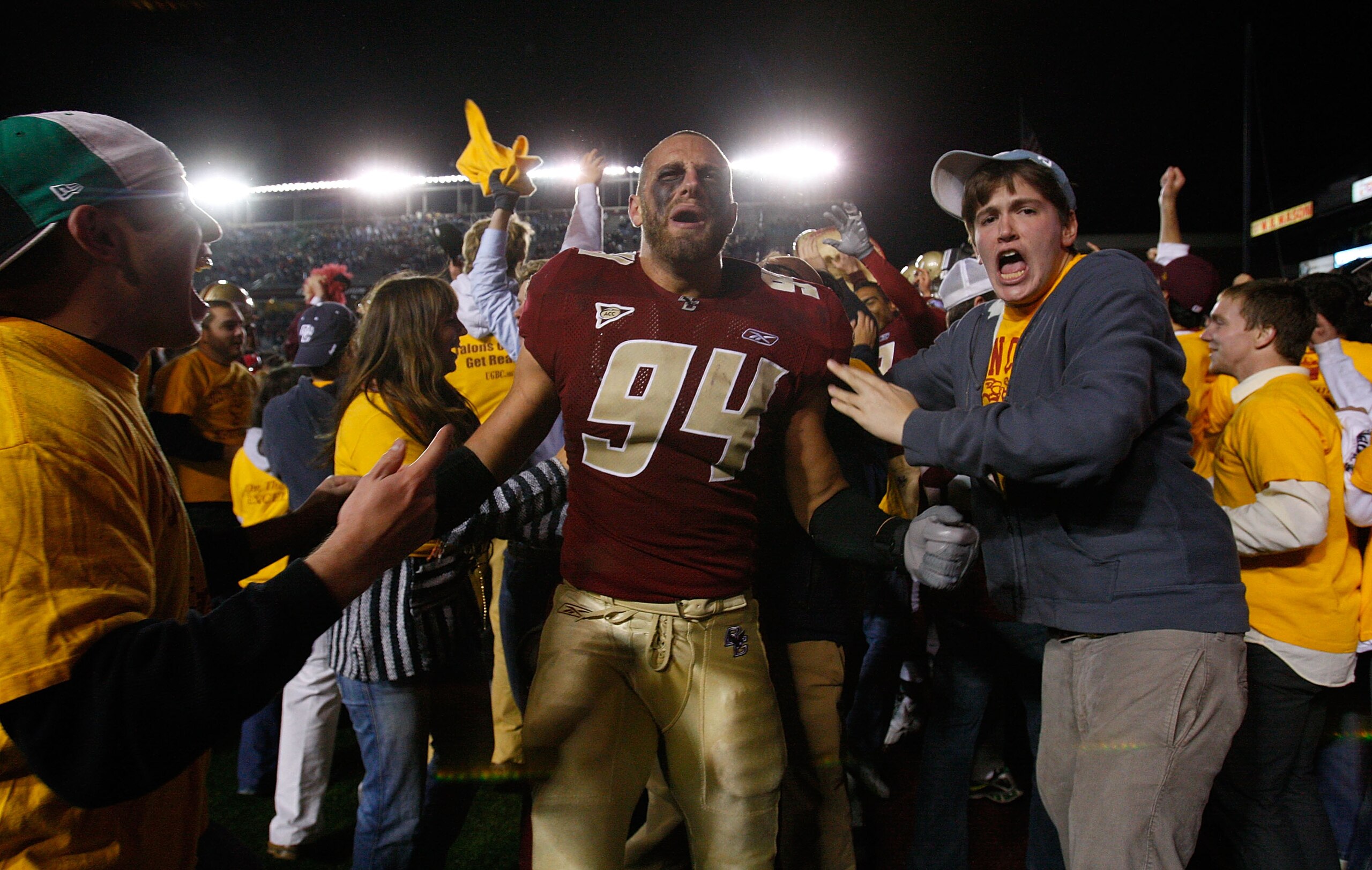 CHESTNUT HILL, MA - OCTOBER 18: Mark Herzlich #94 of the Boston College Eagles celebrates after defeating the Virginia Tech Hokies, 28-23 on October 18, 2008 at Alumni Stadium in Chestnut Hill, Massachusetts. (Photo by Jim Rogash/Getty Images) CHESTNUT HILL, MA - OCTOBER 18: Mark Herzlich #94 of the Boston College Eagles celebrates after defeating the Virginia Tech Hokies, 28-23 on October 18, 2008 at Alumni Stadium in Chestnut Hill, Massachusetts. (Photo by Jim Rogash/Getty Images)