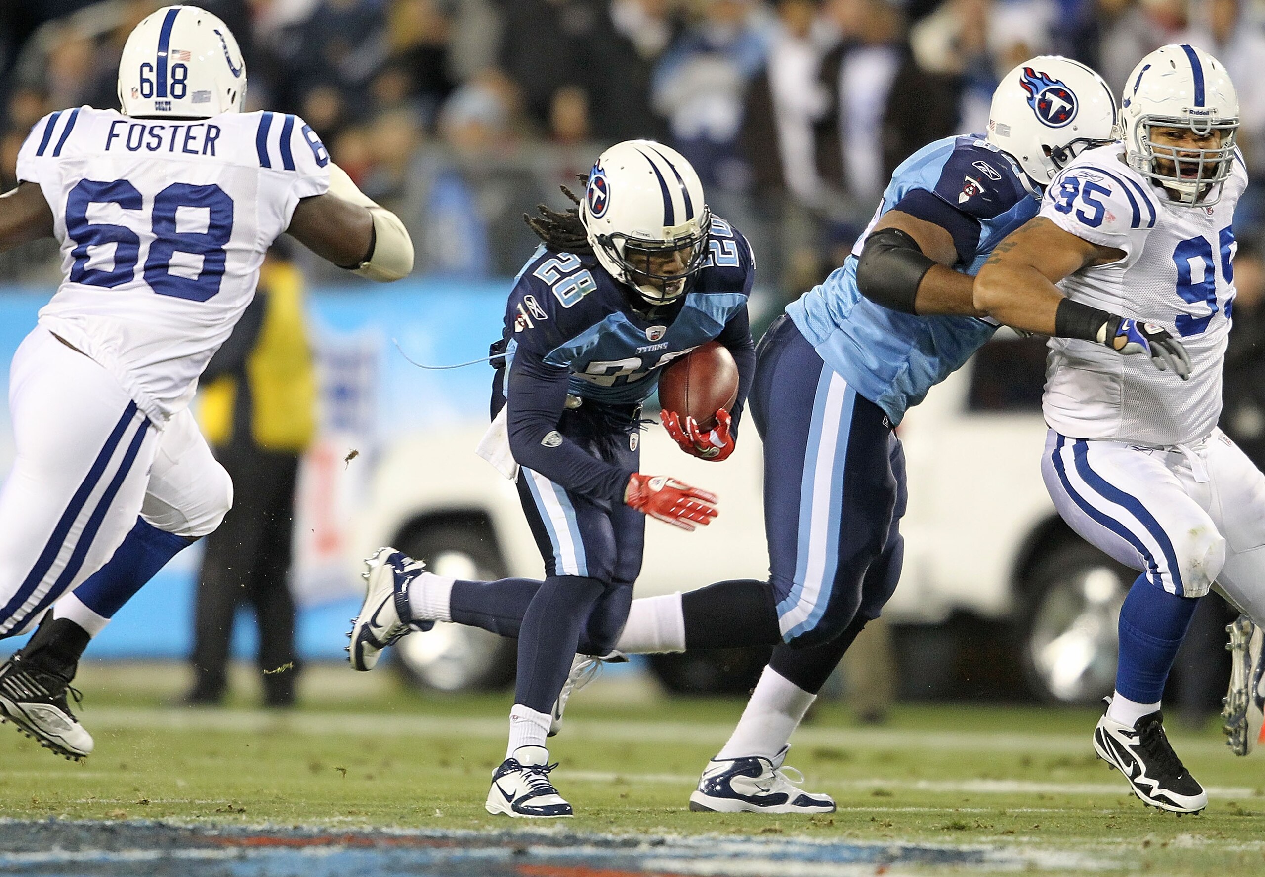 NASHVILLE, TN - DECEMBER 09:  Chris Johnson #28 of the Tennessee Titans runs with the ball against the Indianapolis Colts during the NFL game at LP Field on December 9, 2010 in Nashville, Tennessee.  (Photo by Andy Lyons/Getty Images)